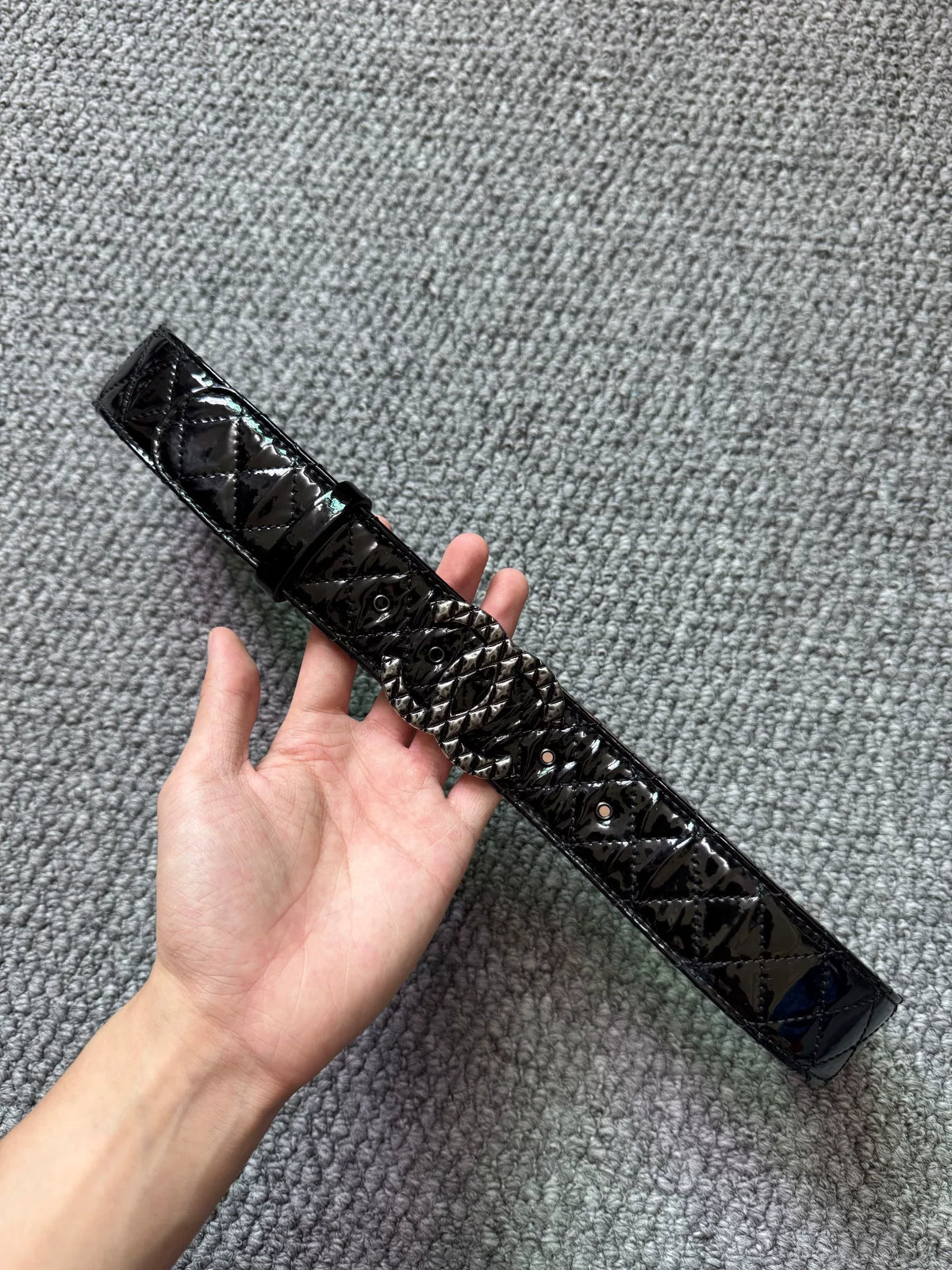 Chanel Black Patent Leather Quilted Belt