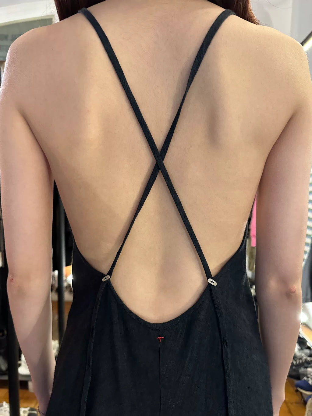 M.A+ FW23 Black Cross-Back Open-Back Linen Lotus Silk Dress