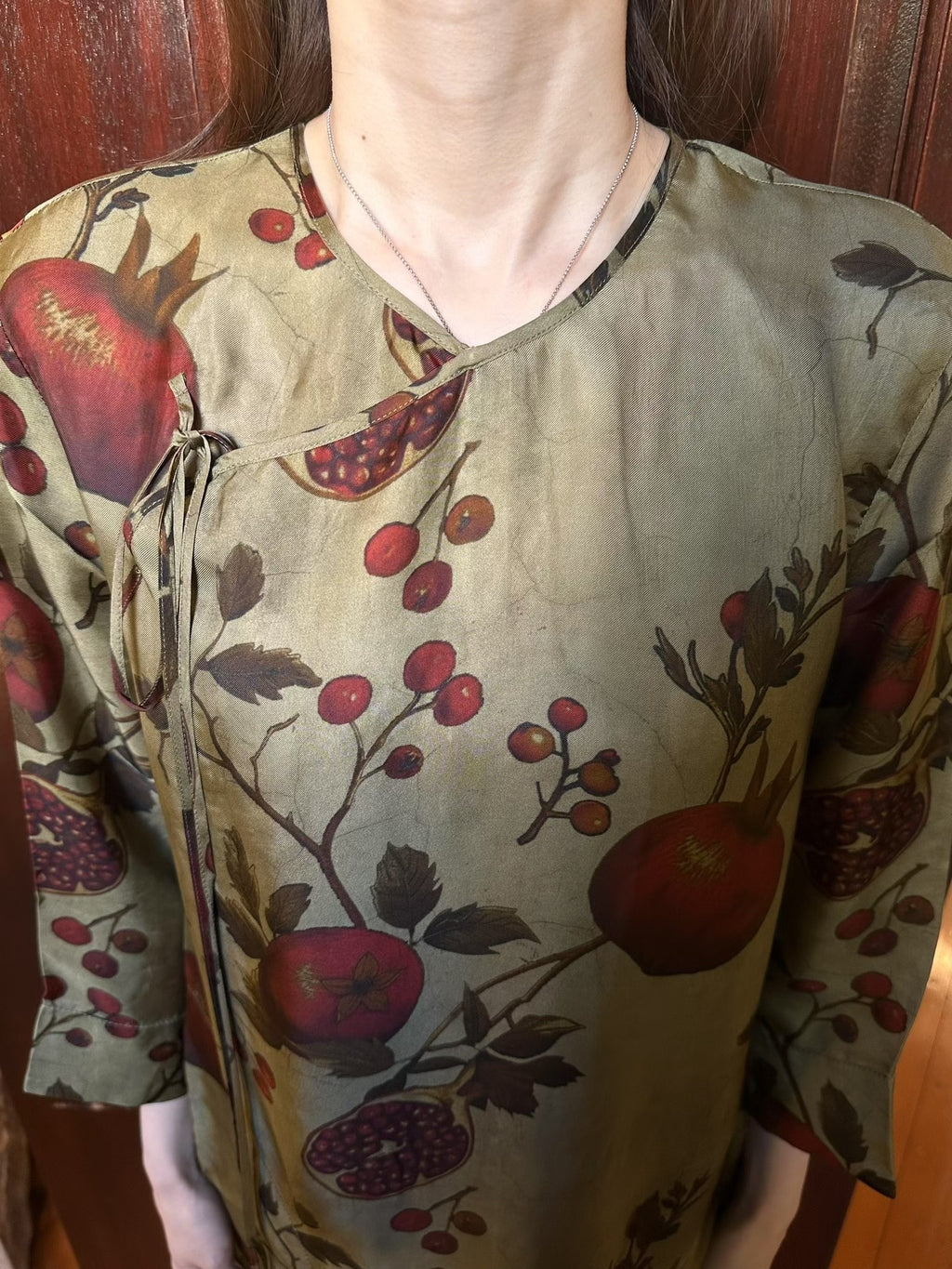 Uma Wang FW25 Pre Tan/Red/Green Agina Pomegranate Print Viscose/Cupro Dress