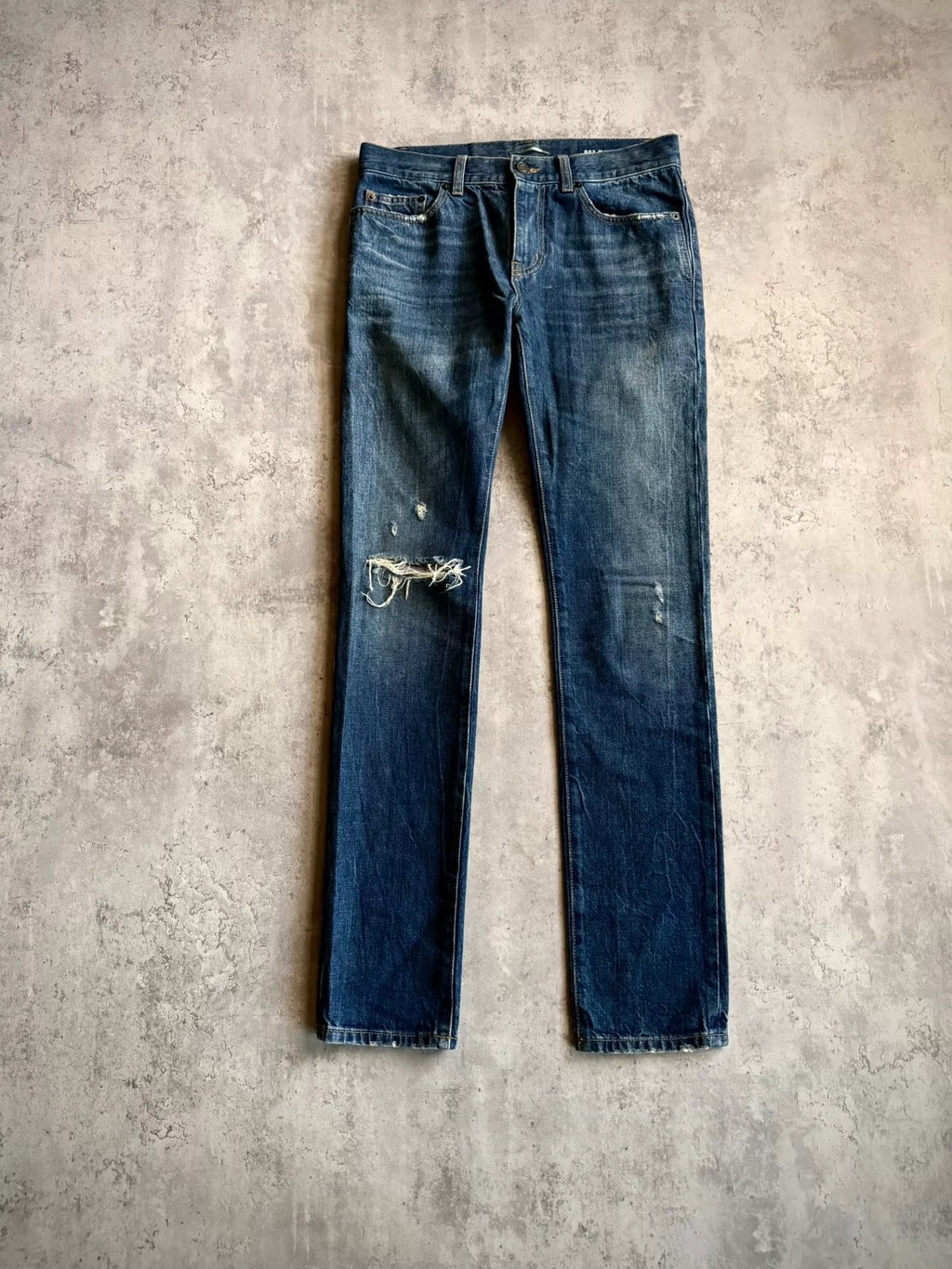 Saint Laurent 19SS Dark Blue Washed Distressed Denim Jeans