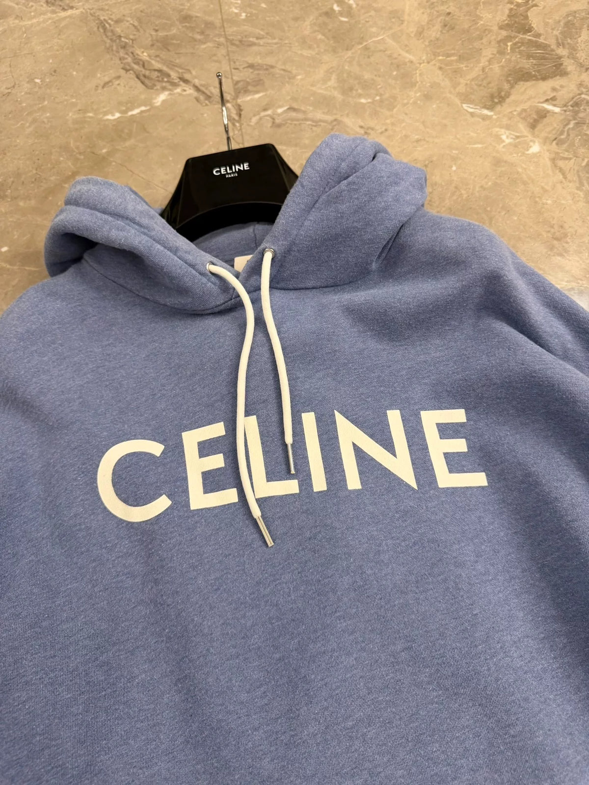 Celine Haze Blue Logo Hooded Cotton Sweater by Hedi Slimane