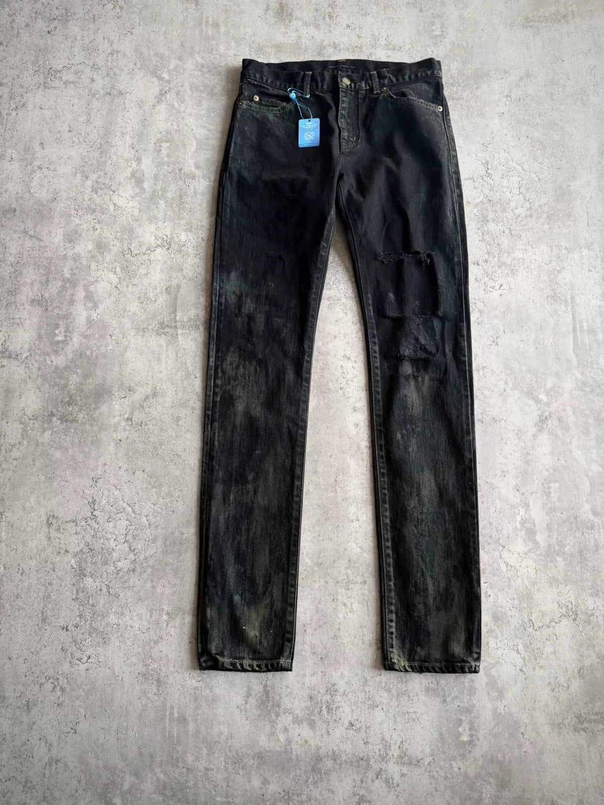 Saint Laurent Paris AW16 D02 Heavy Distressed Oil Stain Decay Denim Jeans by Hedi Slimane