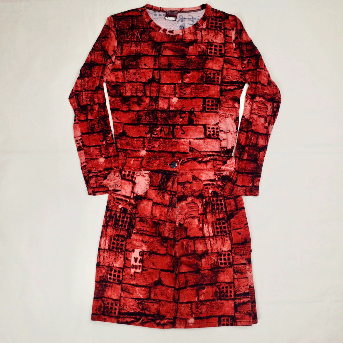 1997 Fall/Winter Jean Paul Gaultier Red Brick Wall Print Stretch T-Shirt and Skirt Set