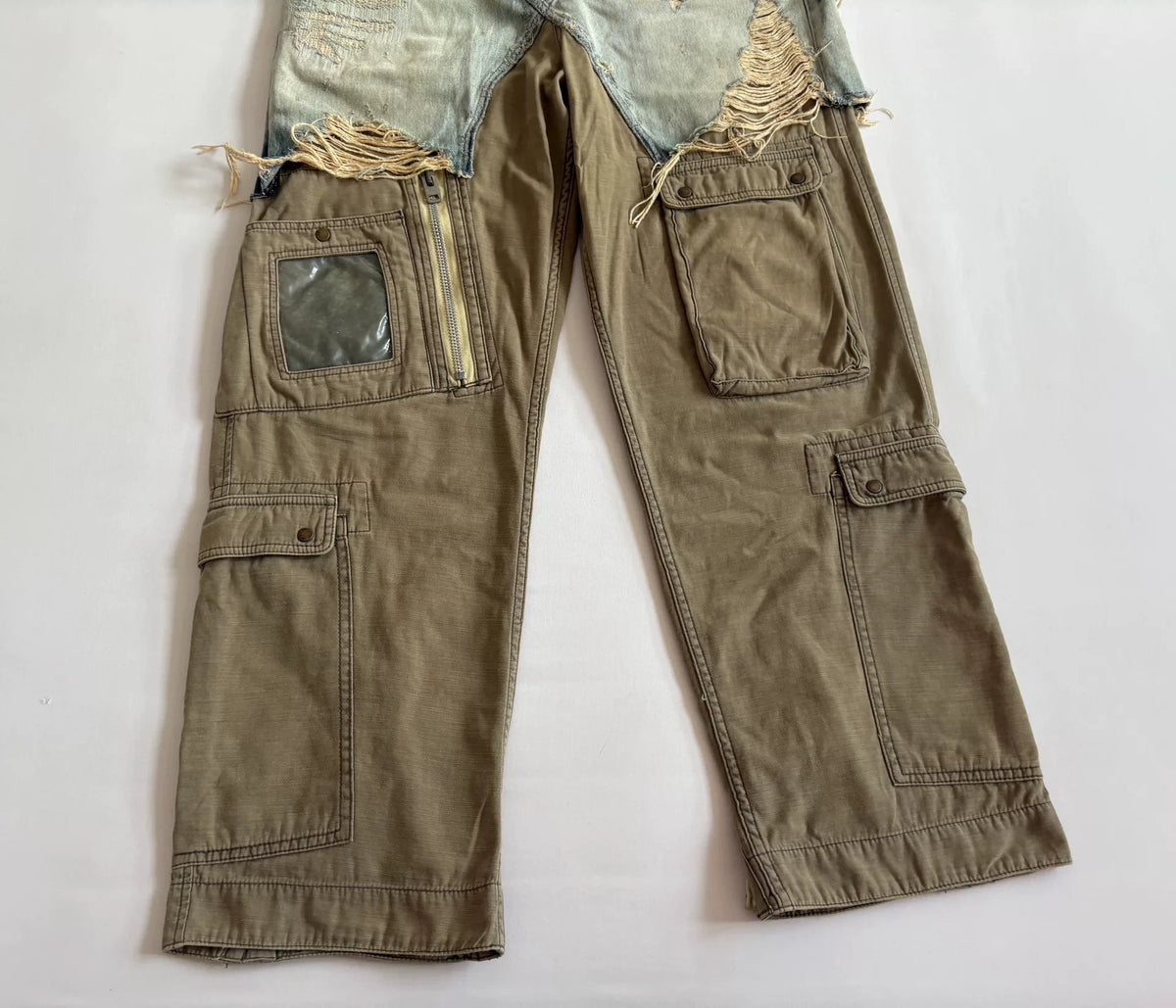 MIHARA YASUHIRO Black Cyber Polka Dot Panel Distressed Denim Cargo Trousers