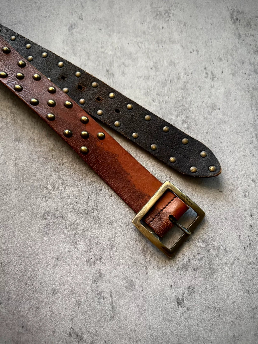 Saint Laurent 15AW Red-Brown Cracked Leather Studded Distressed Belt by Hedi Slimane