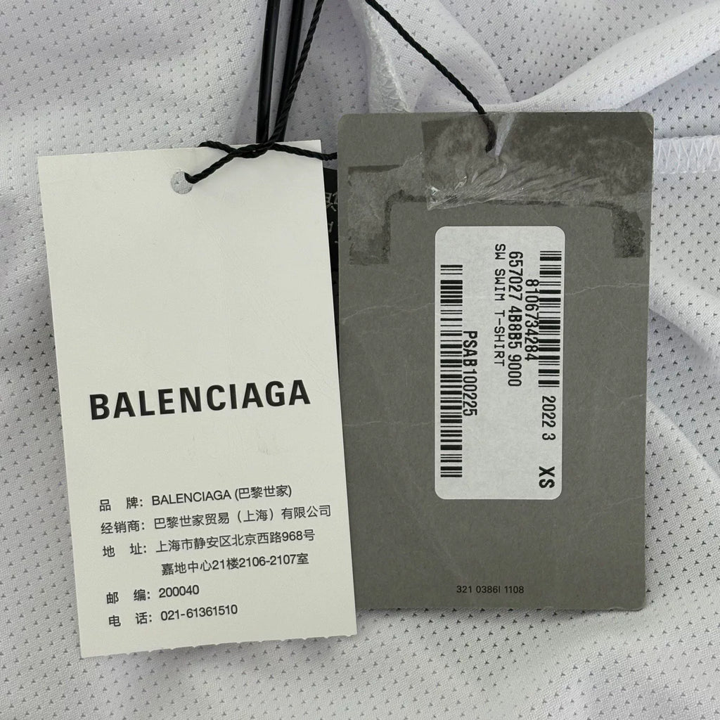 Balenciaga White Mesh Letter Logo Print Short Sleeve Top