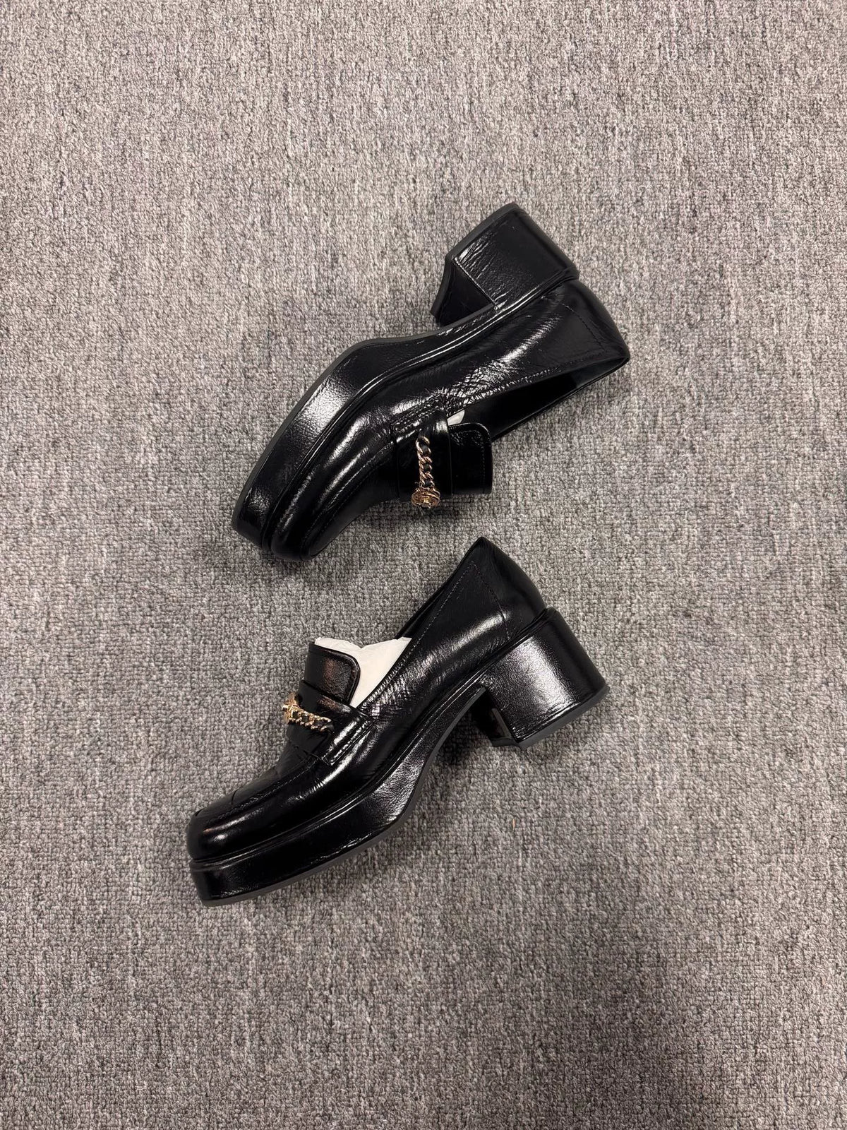 Chanel Black Gold Patent Leather Loafers