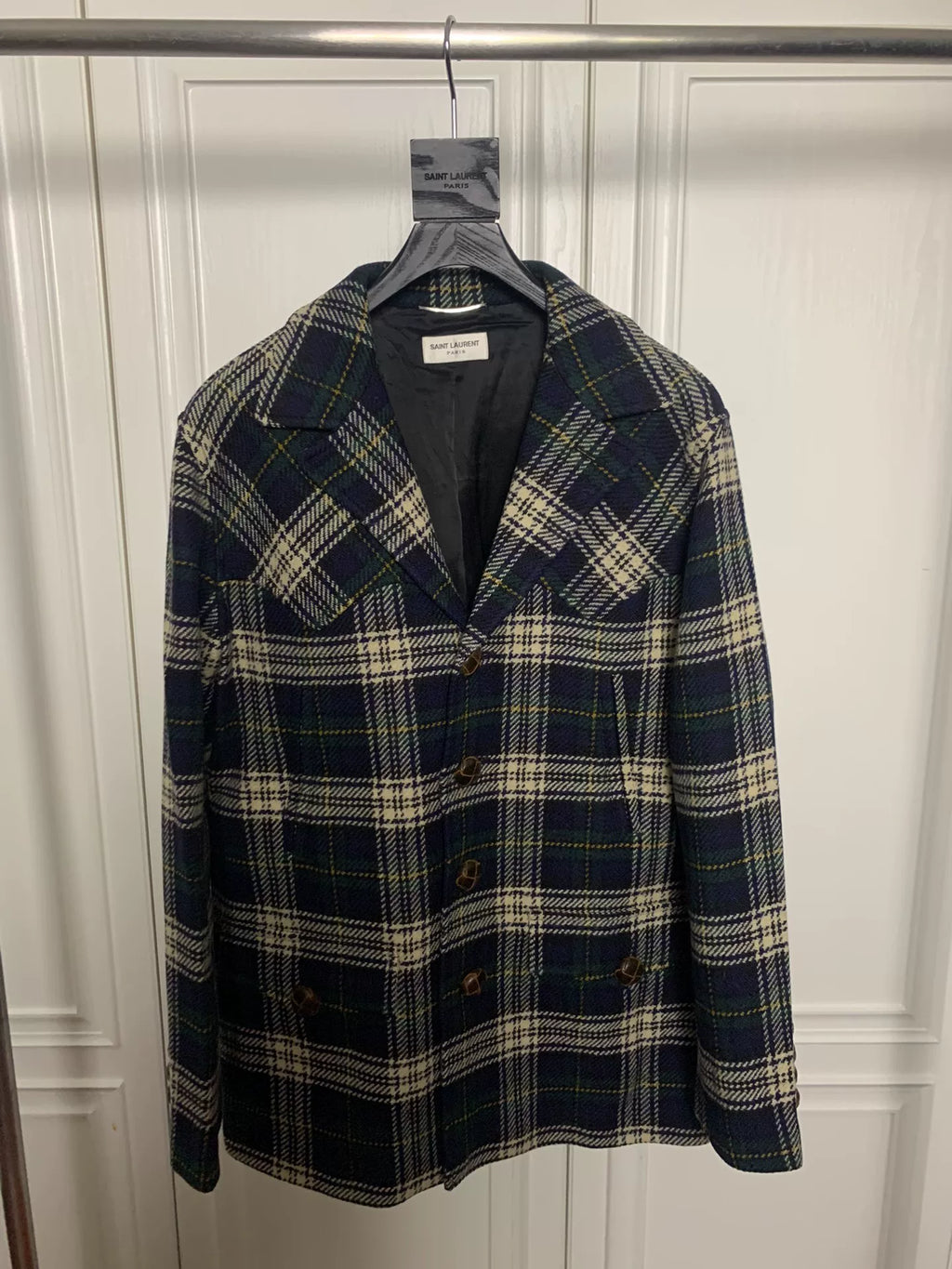 Saint Laurent 14FW Blue Green Plaid Wool Coat