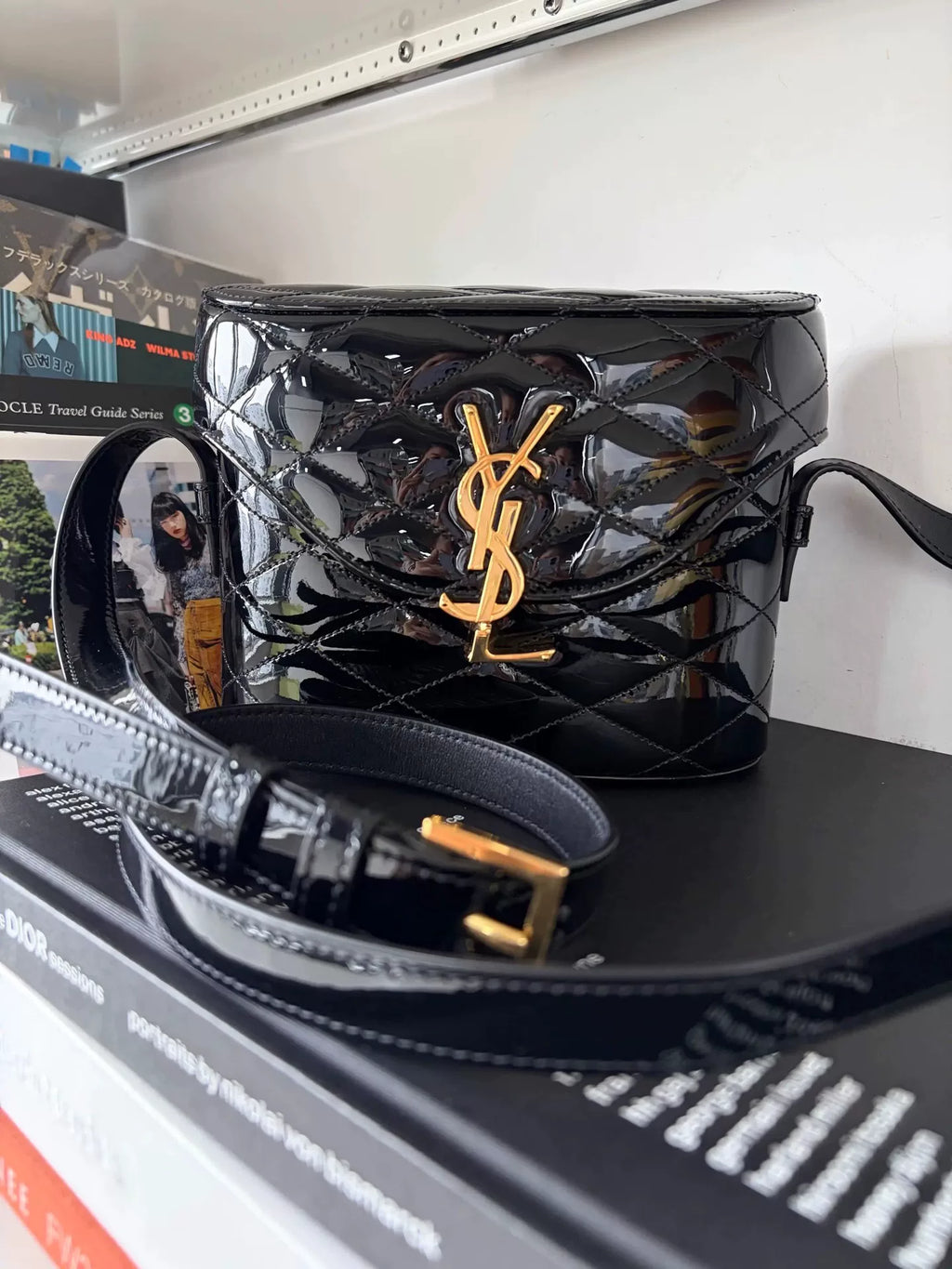 Saint Laurent Black Gold Buckle Quilted Patent Leather Box Bag