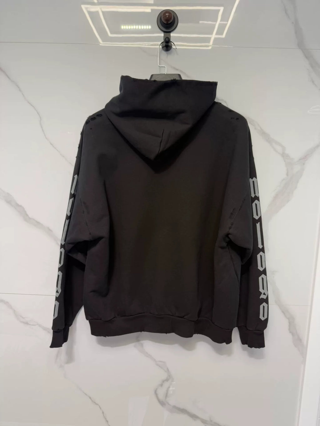 Balenciaga FW23 Black Distressed Letter Print Hooded Sweater