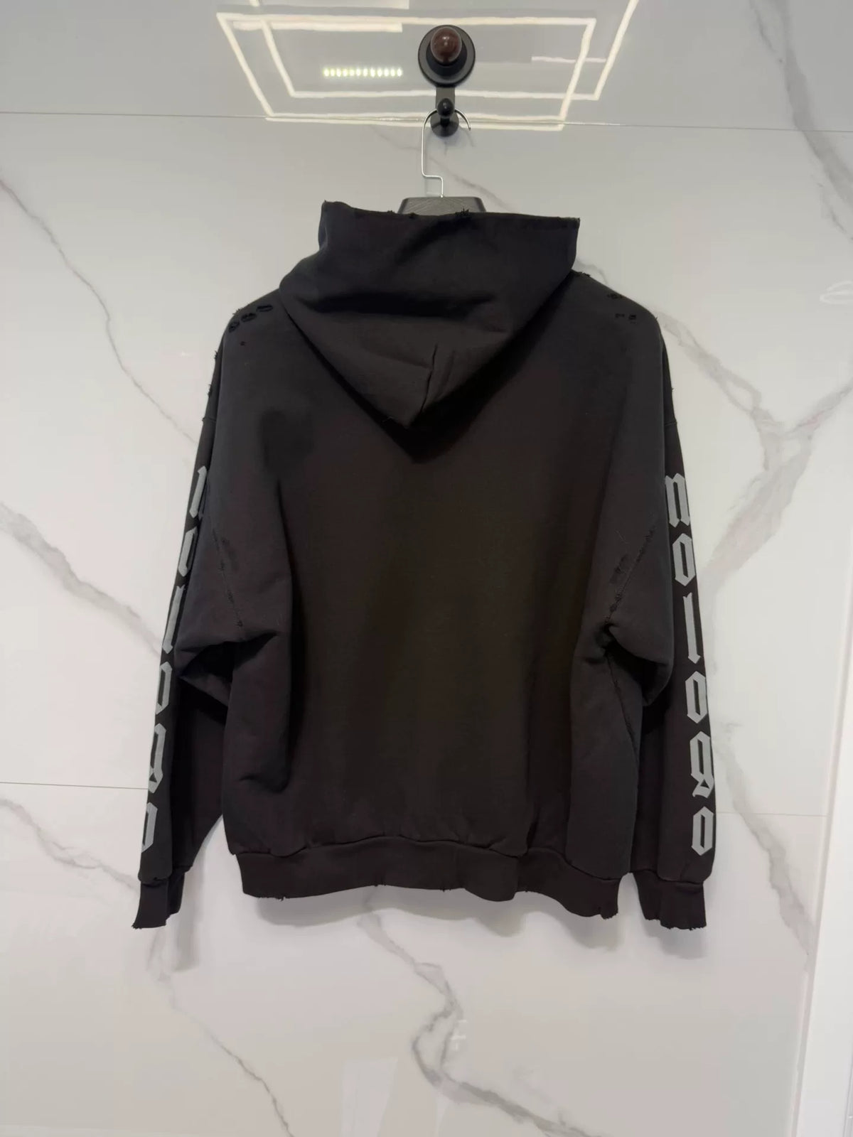 Balenciaga FW23 Black Distressed Letter Print Hooded Sweater