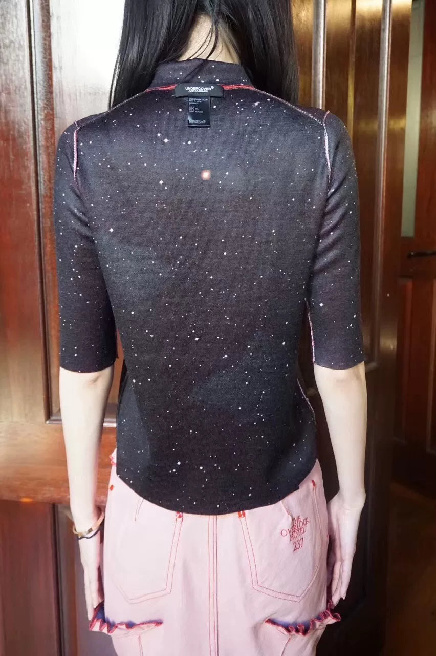 Undercover SS18 Red Sky Cloud Star Reversible Wool Polyester Knit Cardigan