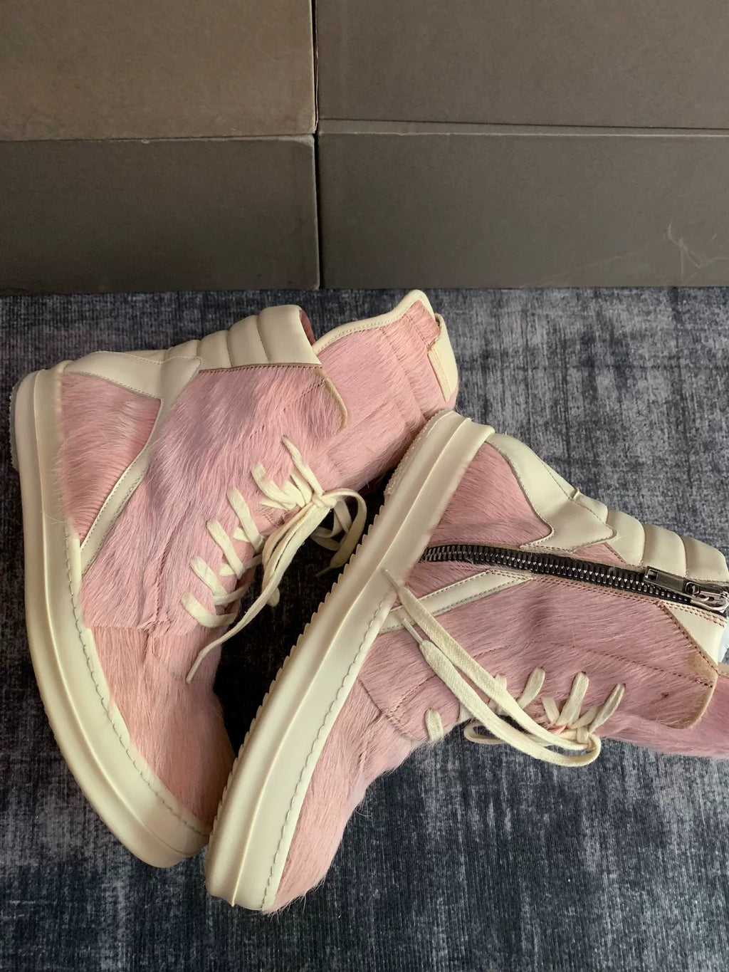 Rick Owens Inverted-Triangle Pink Fur Sneakers