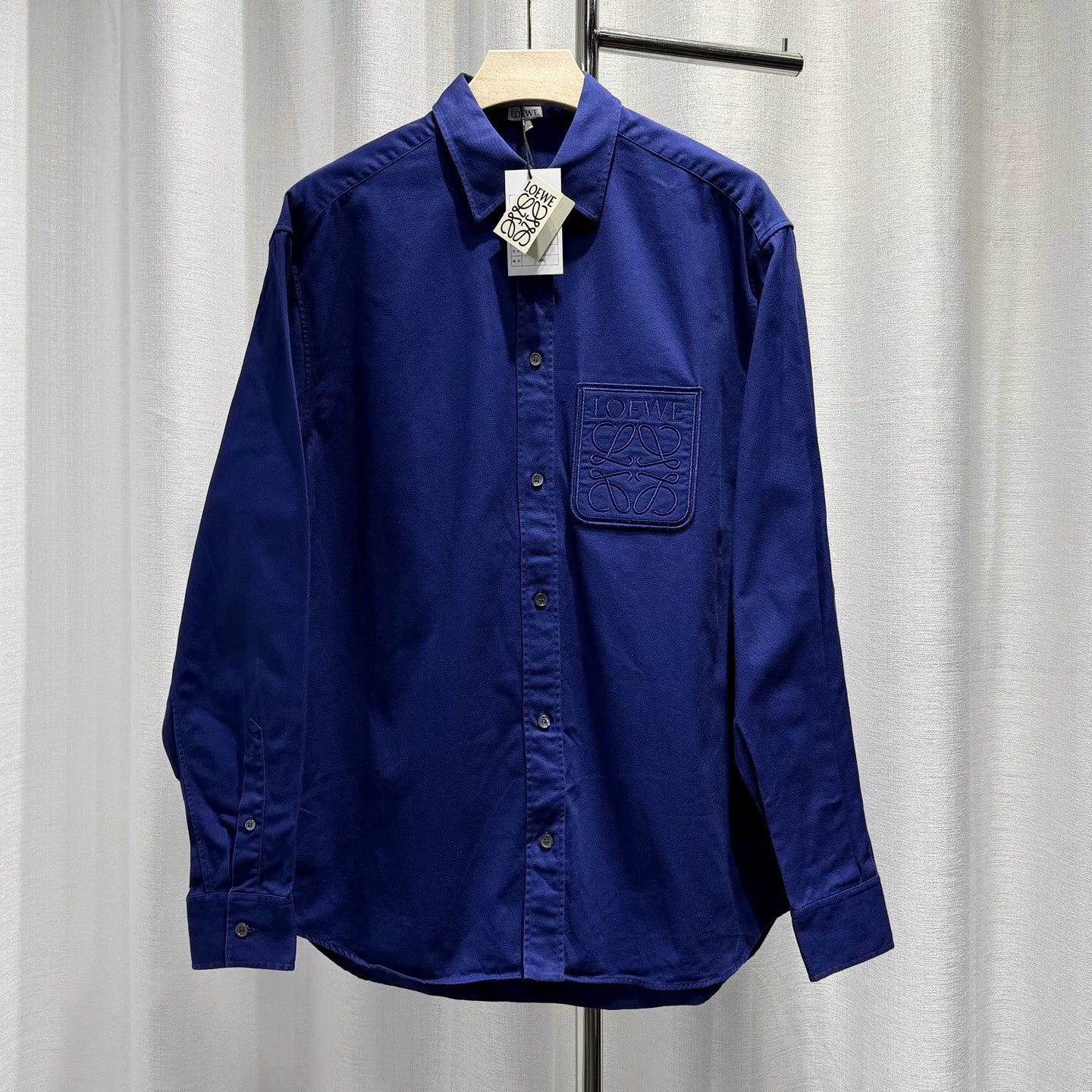 Loewe Long Sleeve Lapel Embroidered Button-Front Pocket Cotton Blue Shirt