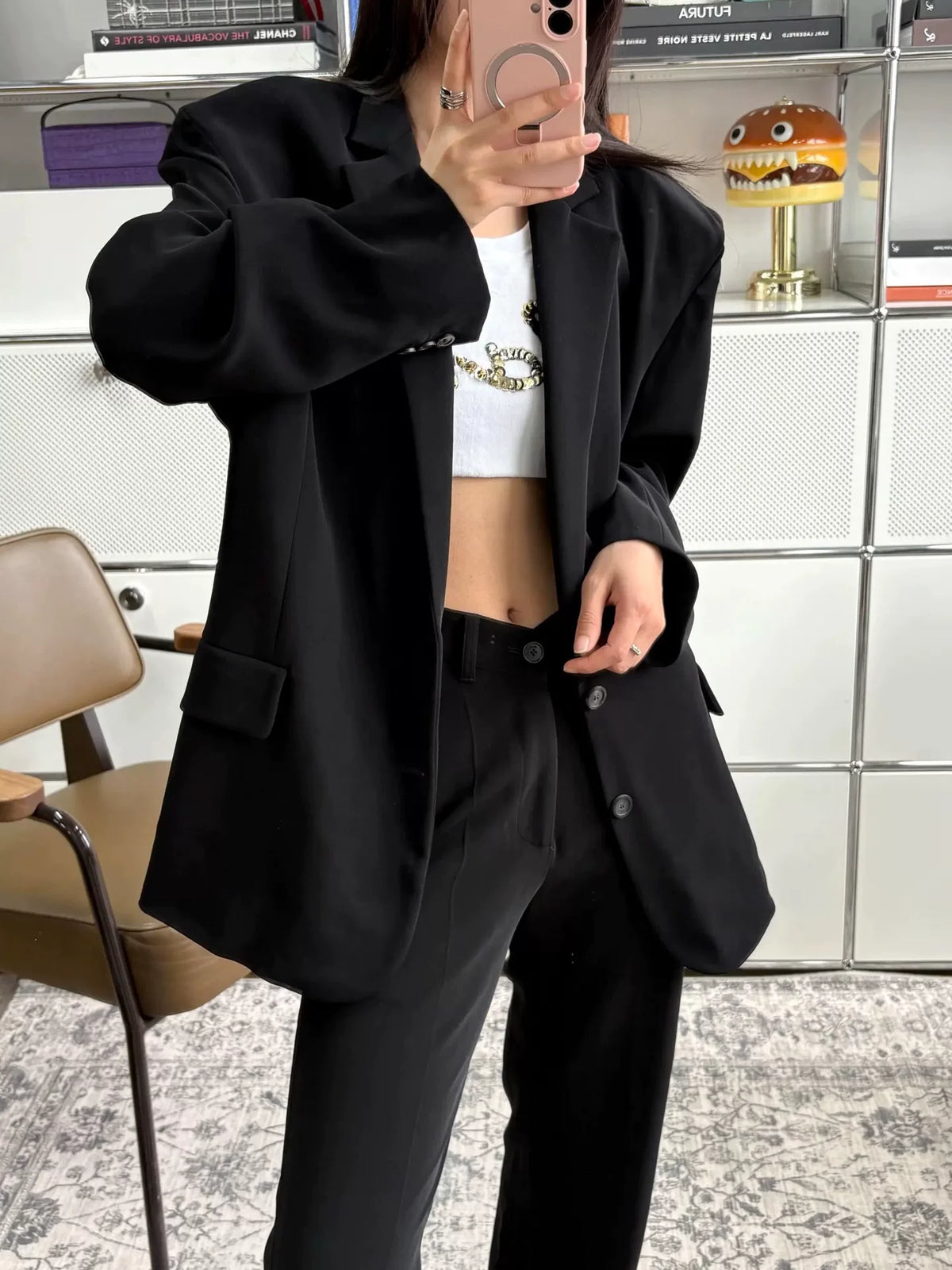 Balenciaga Black V-Logo Label Straight Wide-Leg Pants