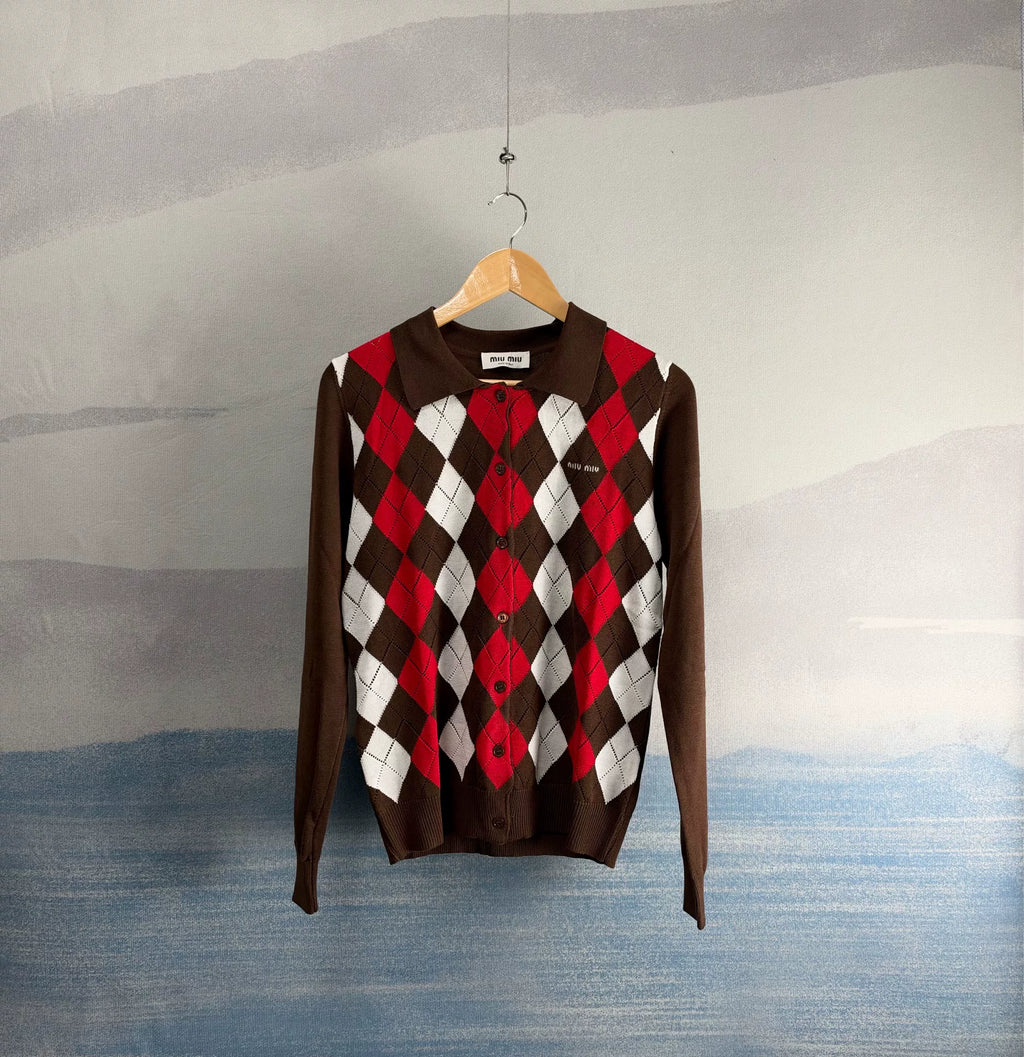 Miu Miu SS26 Brown Diamond Patch Collared Cashmere Cardigan