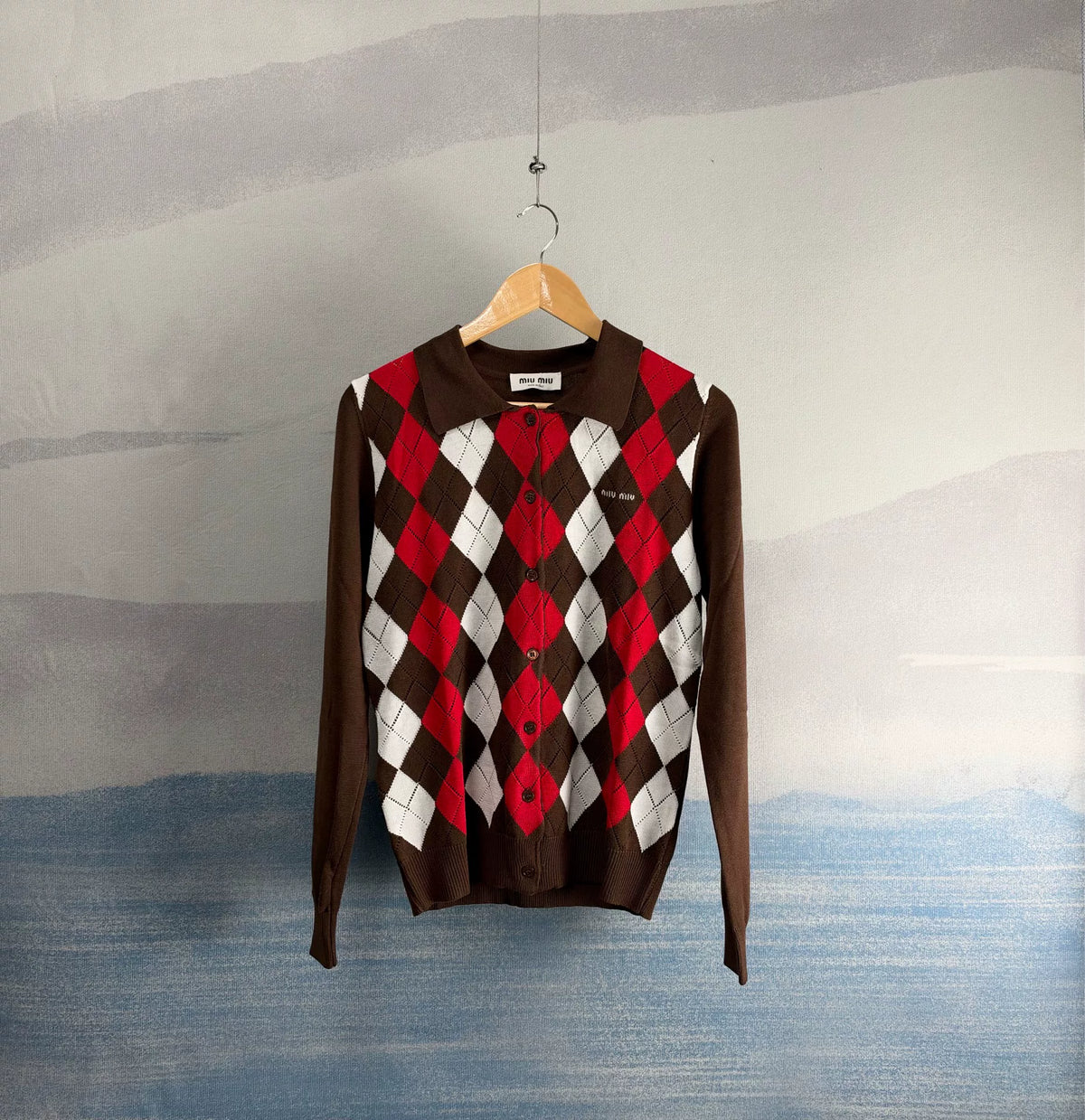 Miu Miu SS26 Brown Diamond Patch Collared Cashmere Cardigan