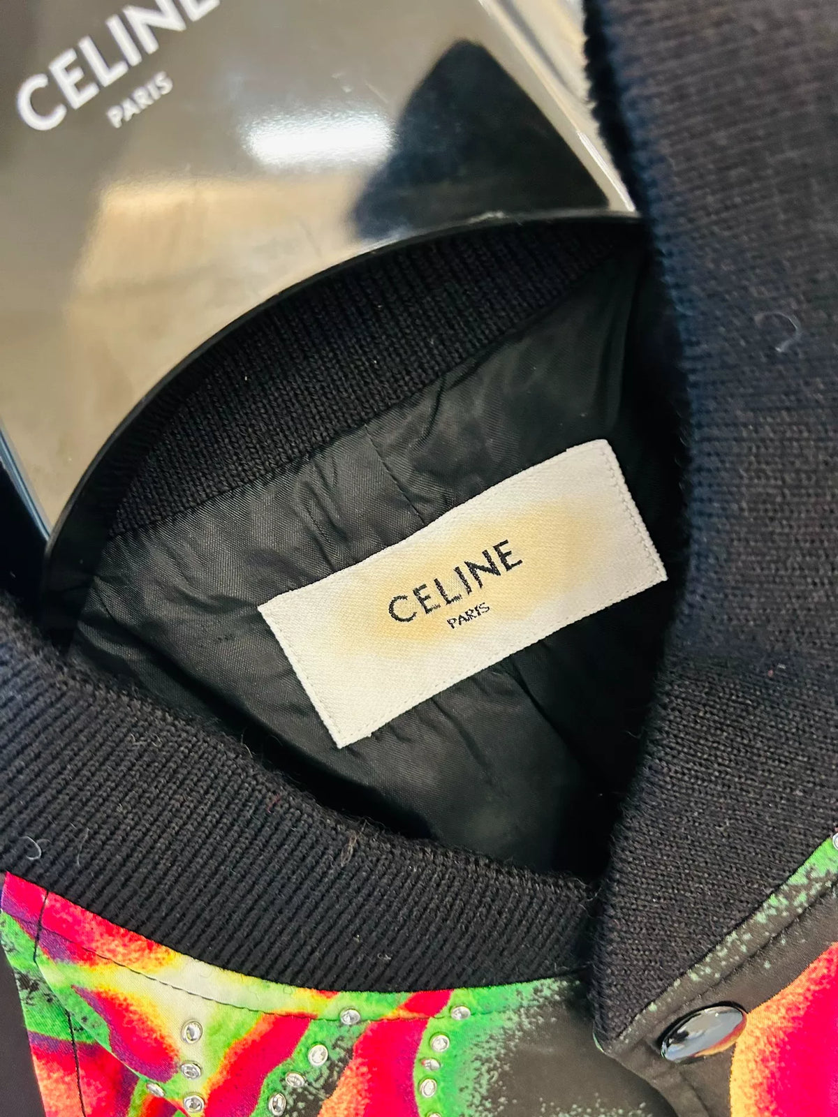 Celine Keith Richards saint Black Love Cyber Polka Dot Silk Baseball Jacket by Hedi Slimane