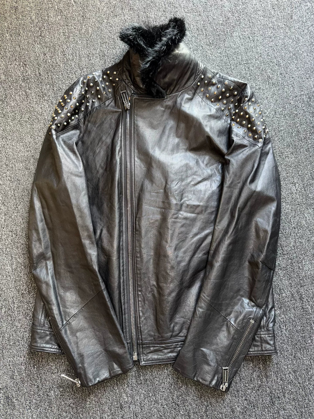 DSQUARED2 Black Fur Collar Rivet Mohair Leather Jacket
