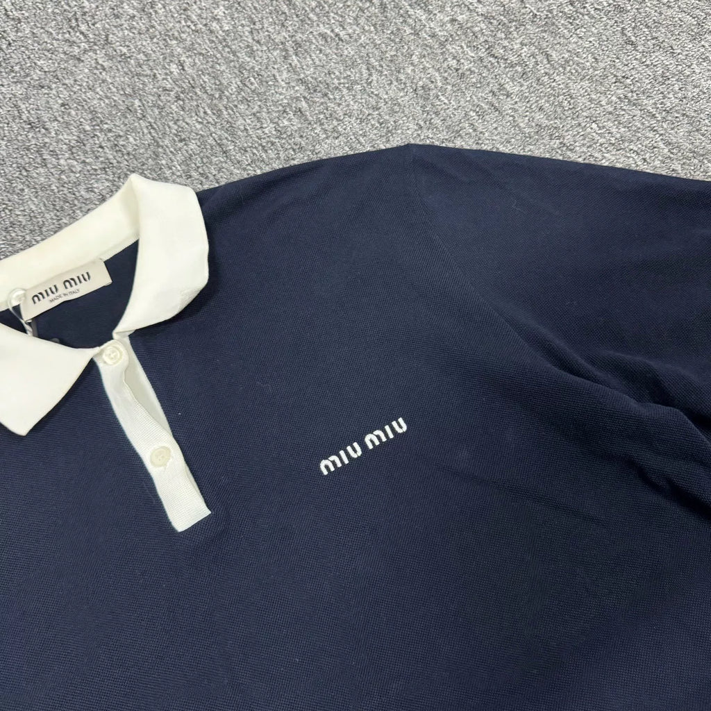 Miu Miu SS25 Short Sleeve Top Navy Embroidered Logo Polo Shirt