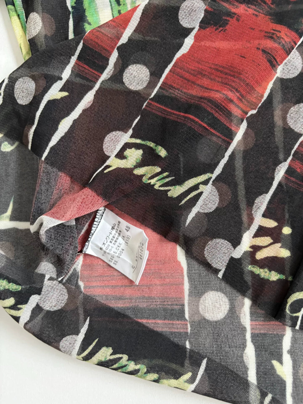 jean paul gaultier portrait print mesh dress Gaultier pre‑owned vintage beautiful woman portrait polka dot knit patchwork mesh top