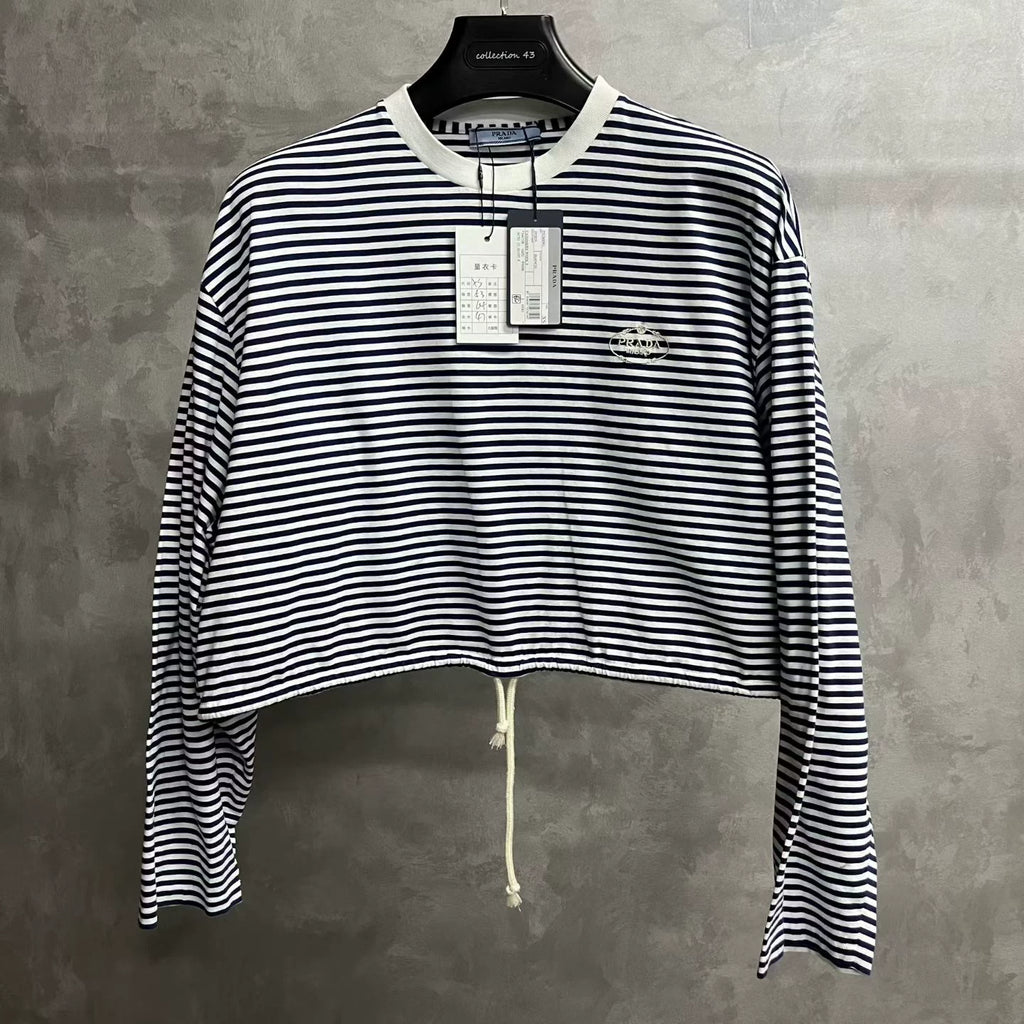 Prada Navy Blue Striped Plain-Weave Long-Sleeve T-Shirt