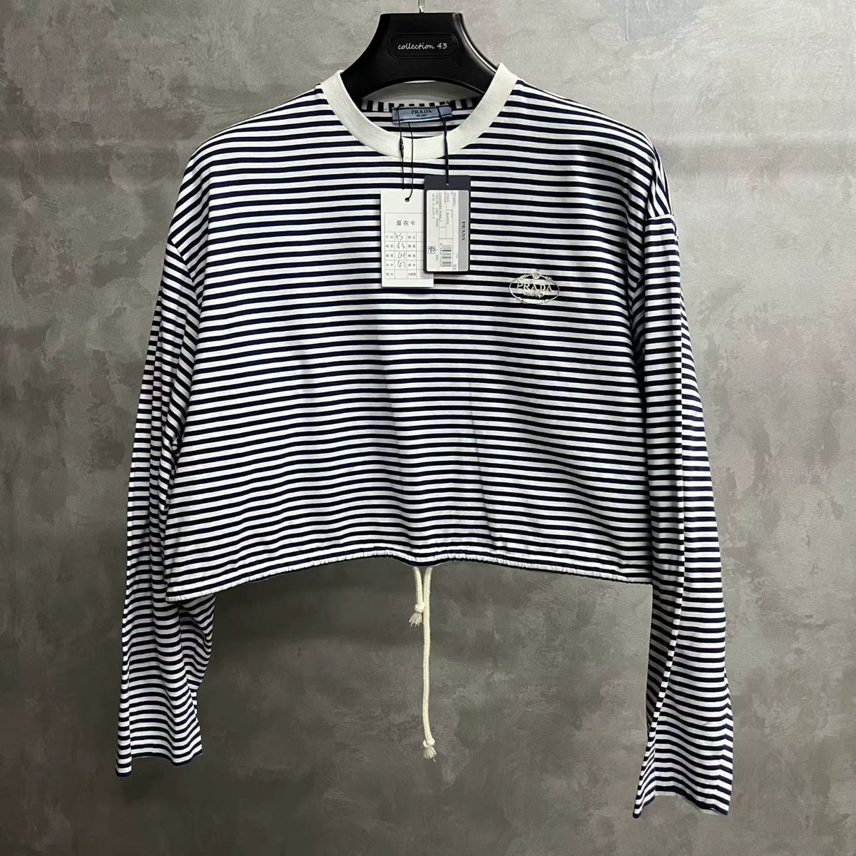 Prada Navy Blue Striped Plain-Weave Long-Sleeve T-Shirt
