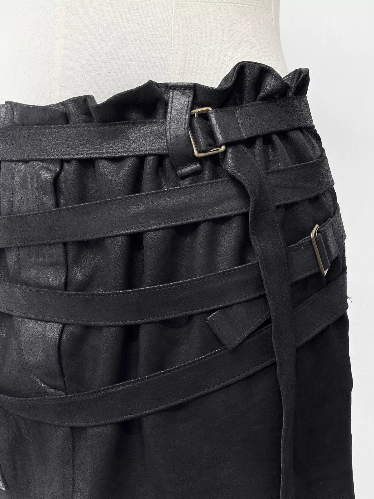 Ann Demeulemeester SS03 Black Burnt Lambskin Strap Skirt