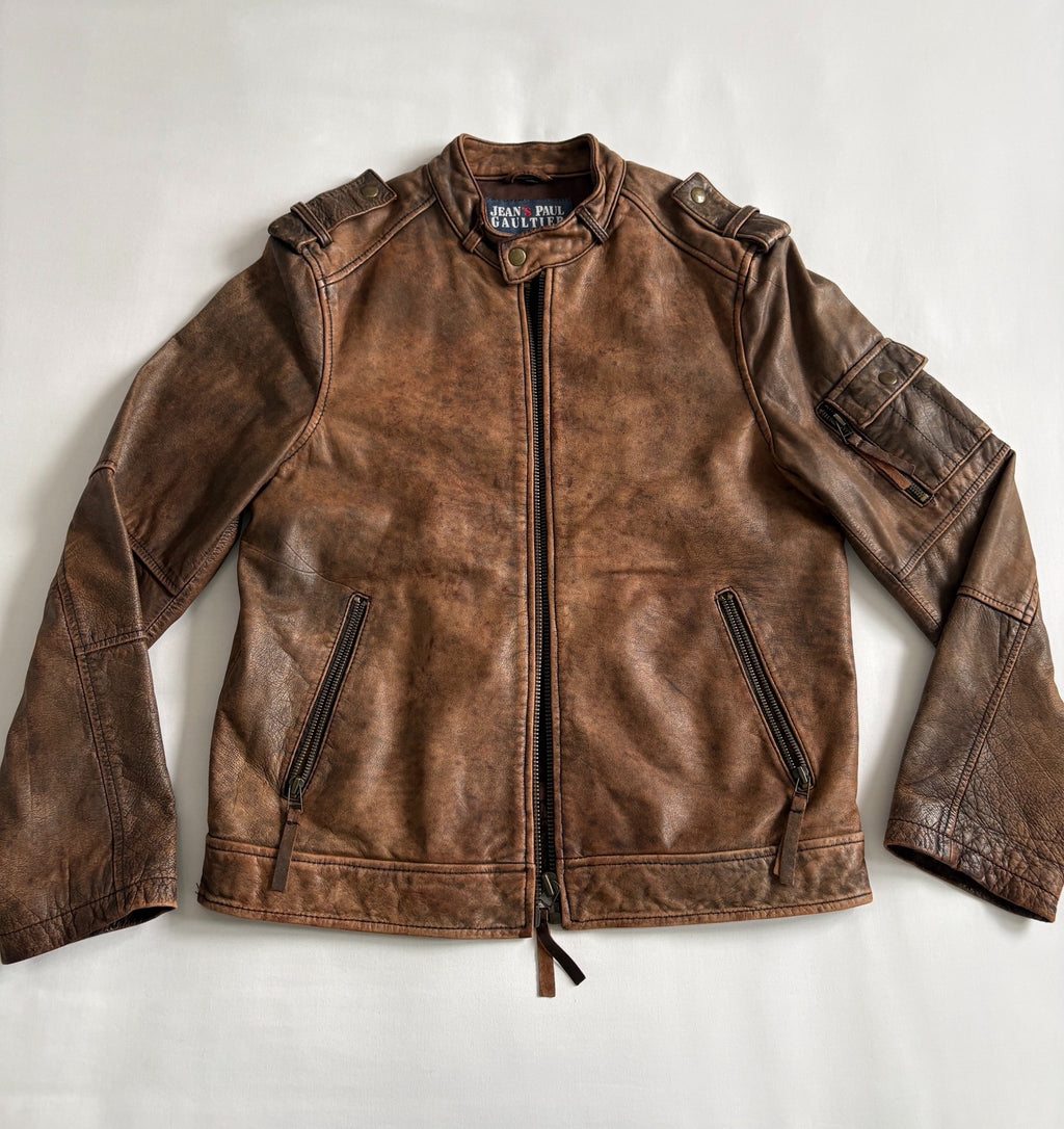 jean paul gaultier leather jacket high tige vintage distressed mottled motorcycle leather jacket