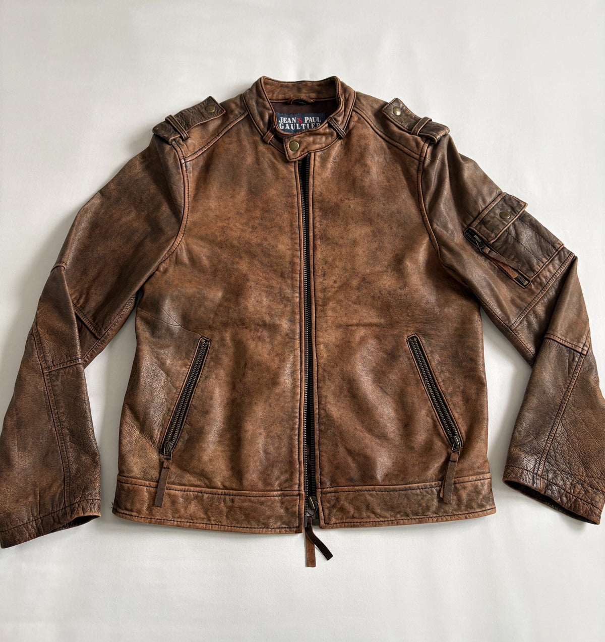jean paul gaultier leather jacket high tige vintage distressed mottled motorcycle leather jacket