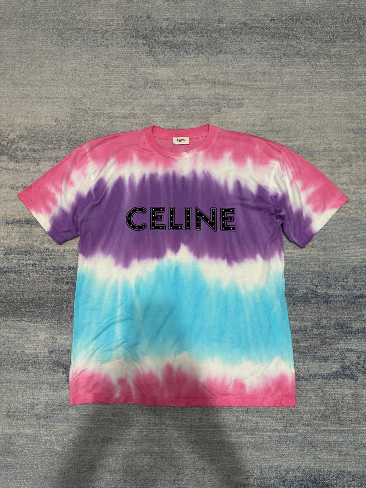 Celine 2016 Studded Tie-Dye Logo Short Sleeve Shirt by Hedi Slimane