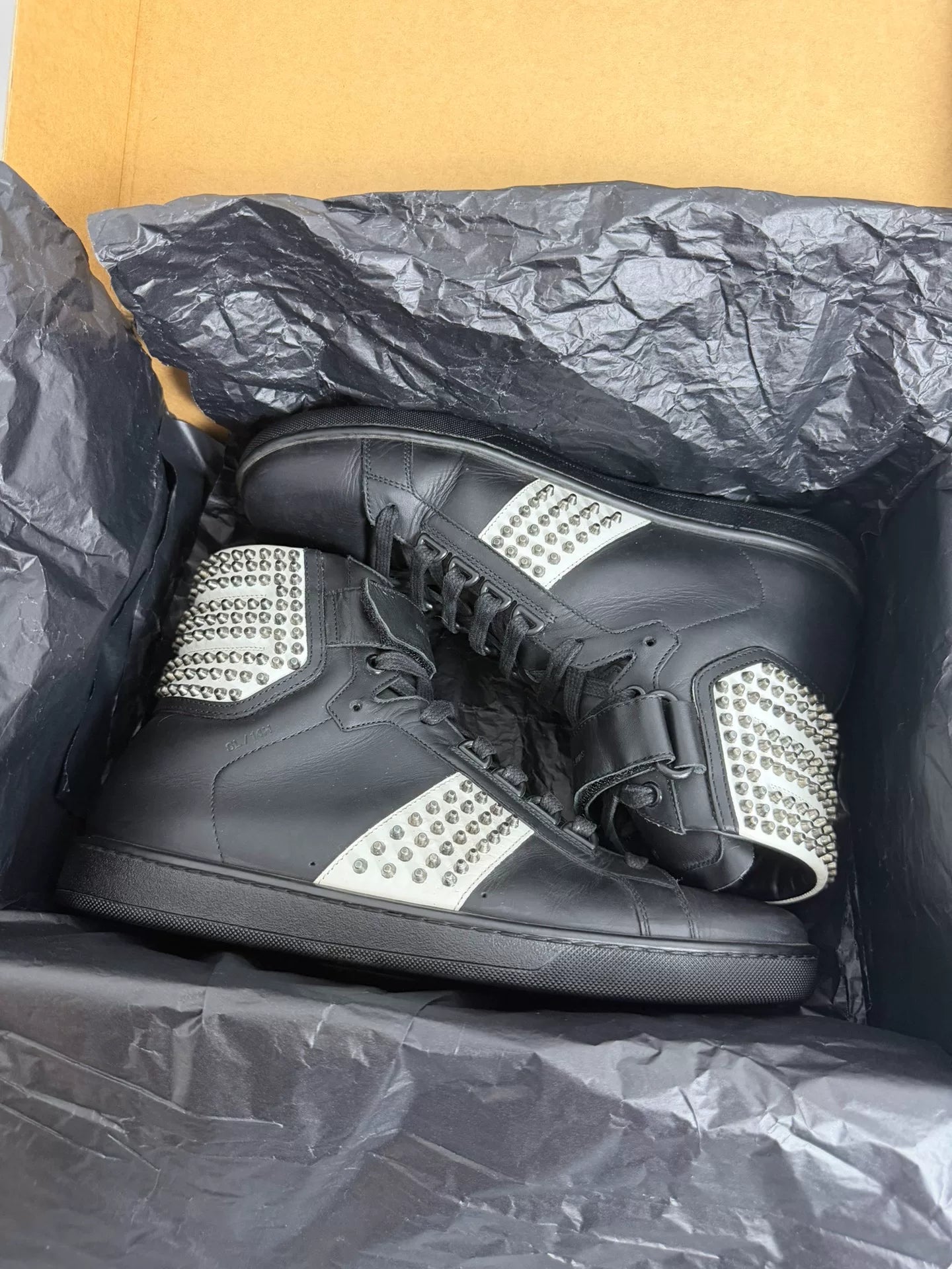 Saint Laurent Slp14fw Black White Color-Block Studded High-Top Sneakers