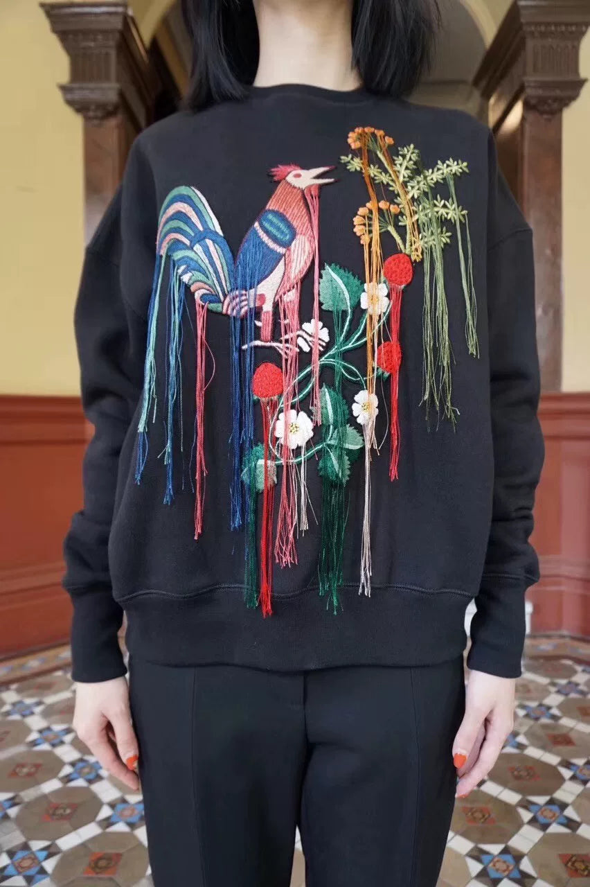 Alexander McQueen Black Gold Rooster Fringe Embroidered Oversized Cotton Sweater