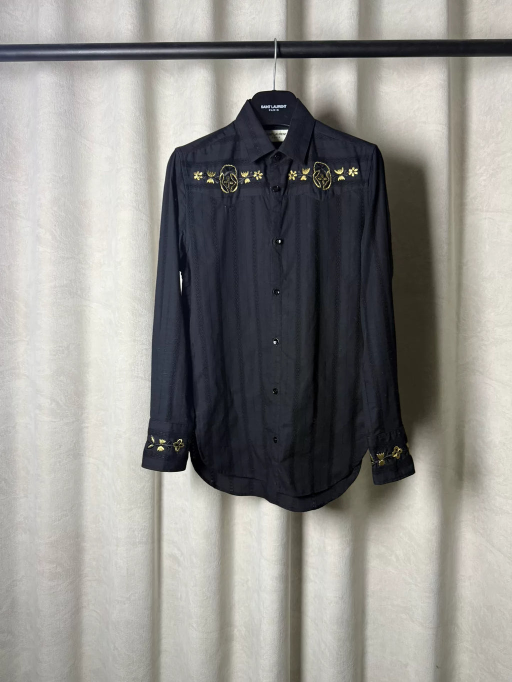 Saint Laurent 18AW Black Floral Embroidered Shirt by Anthony Vaccarello