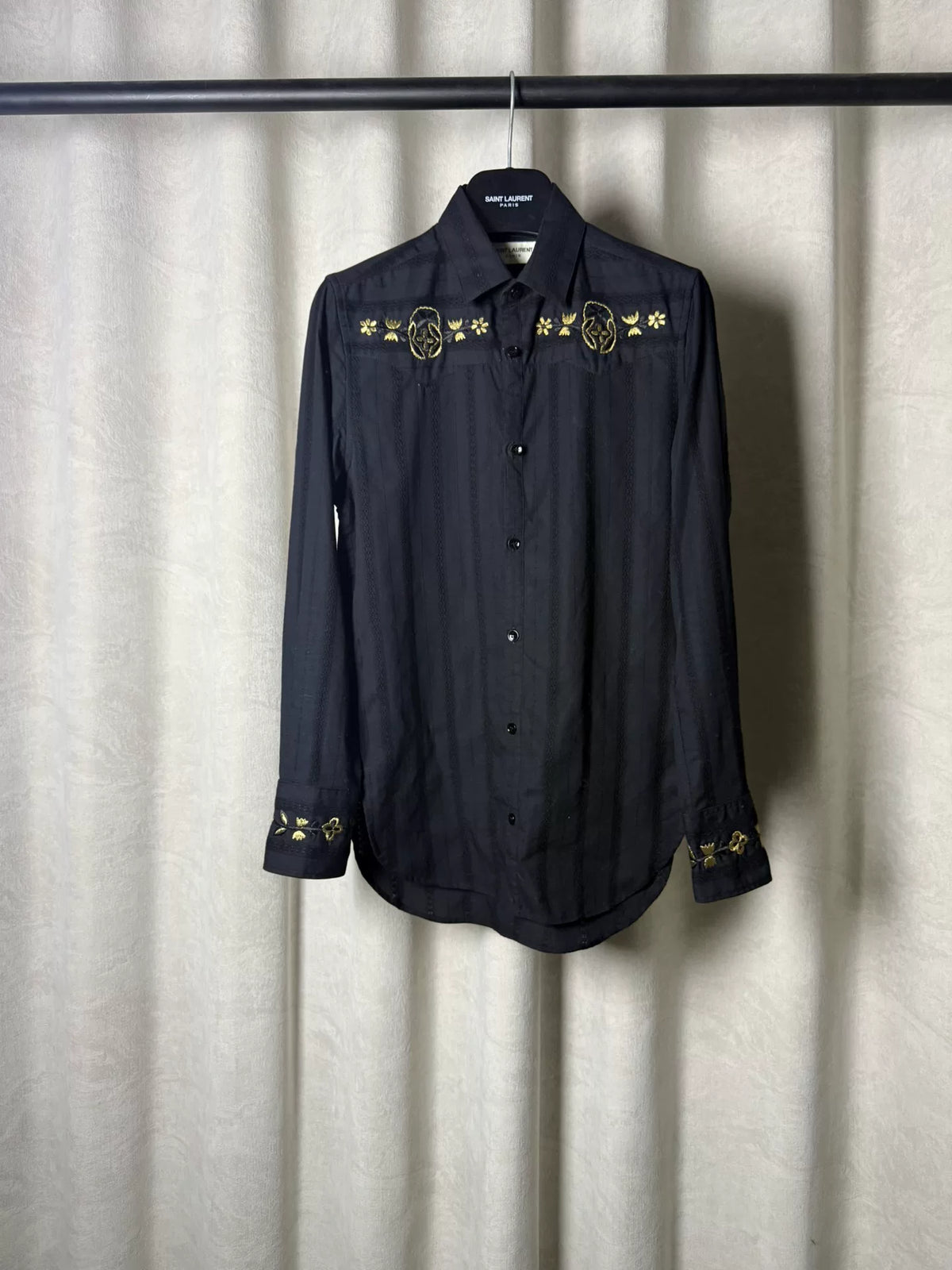 Saint Laurent 18AW Black Floral Embroidered Shirt by Anthony Vaccarello
