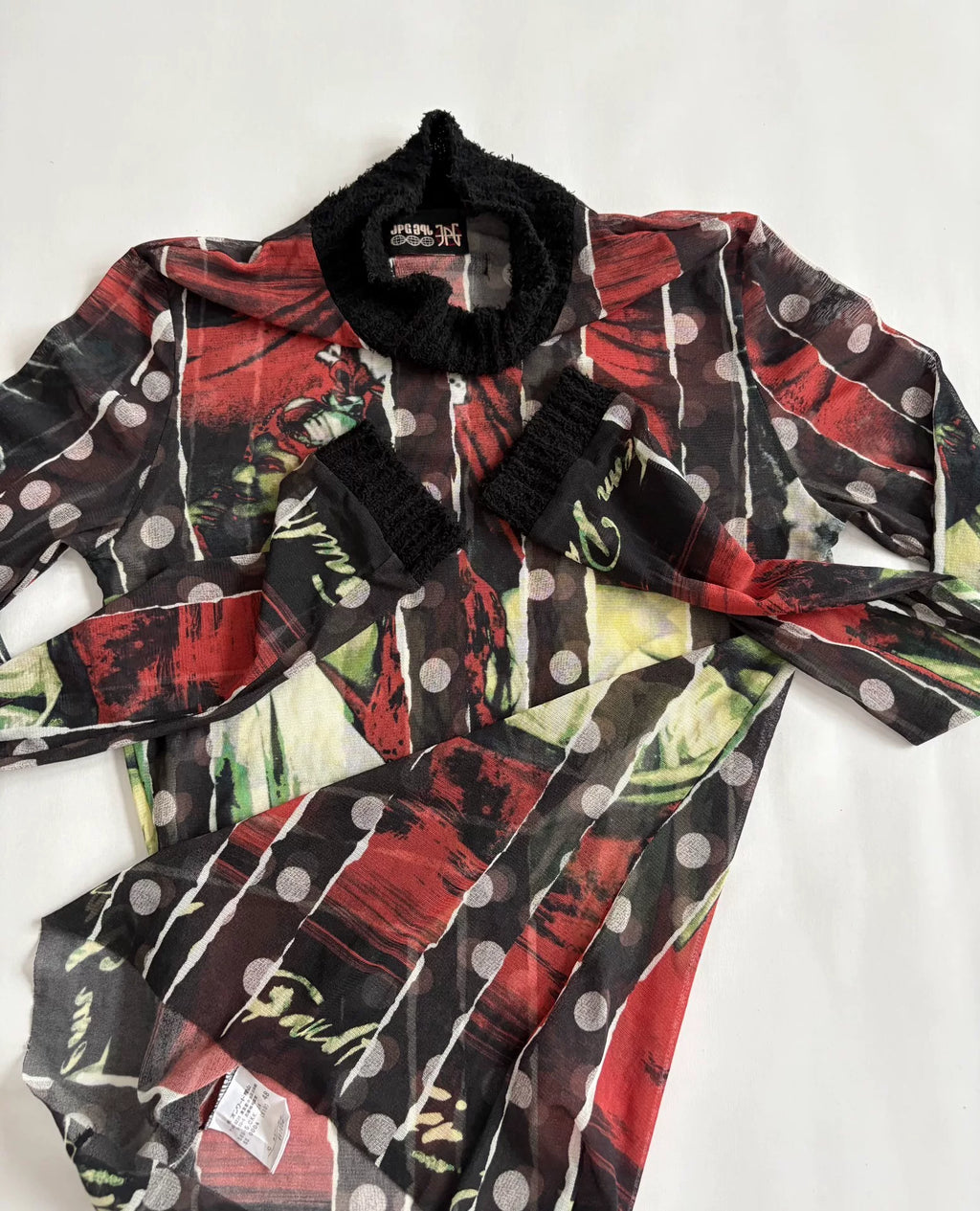 jean paul gaultier portrait print mesh dress Gaultier pre‑owned vintage beautiful woman portrait polka dot knit patchwork mesh top