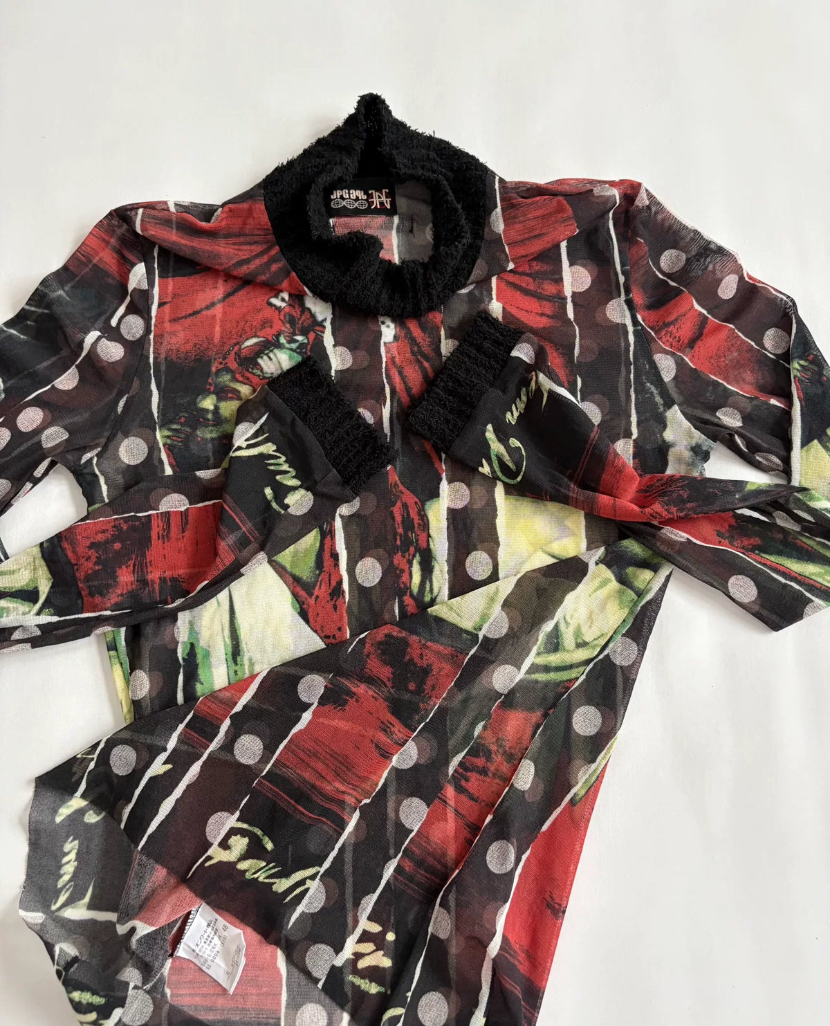 jean paul gaultier portrait print mesh dress Gaultier pre‑owned vintage beautiful woman portrait polka dot knit patchwork mesh top
