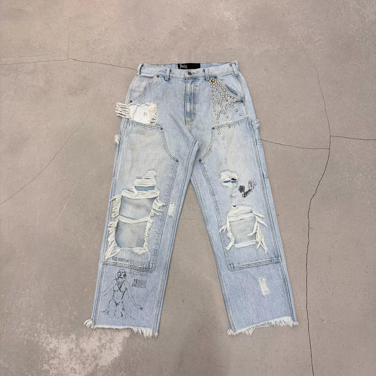 Paly SS26 Hollywood Distressed Rivet Double-Knee Work Pants