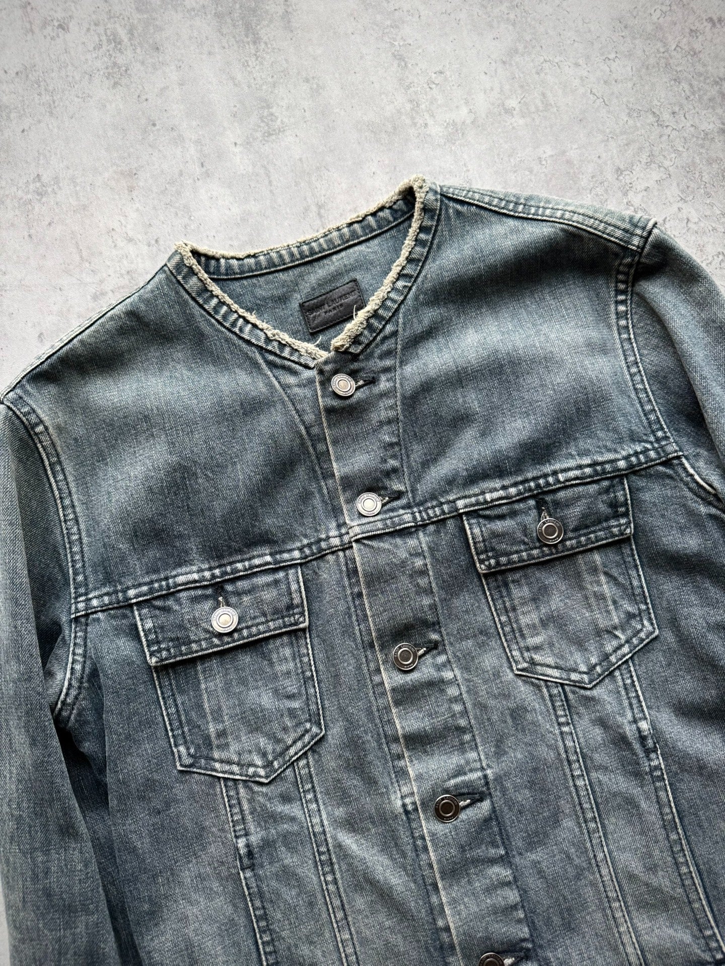Saint Laurent 13SS Blue-Grey Raw Edge Distressed Denim Jacket by Hedi Slimane