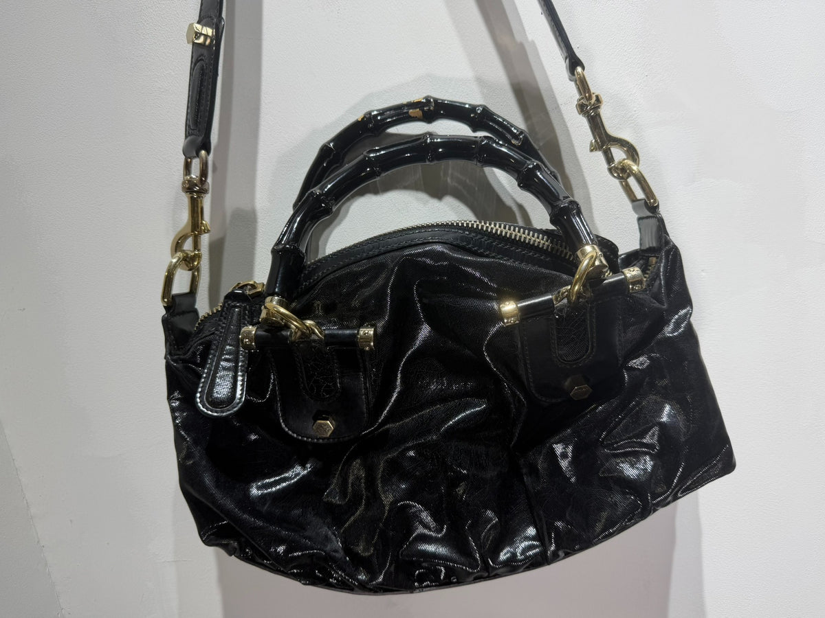 Gucci black cowhide leather bamboo handle glossy handbag