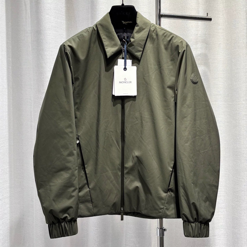 Moncler Olive Arm Logo Zip-Up Polyester Down Jacket