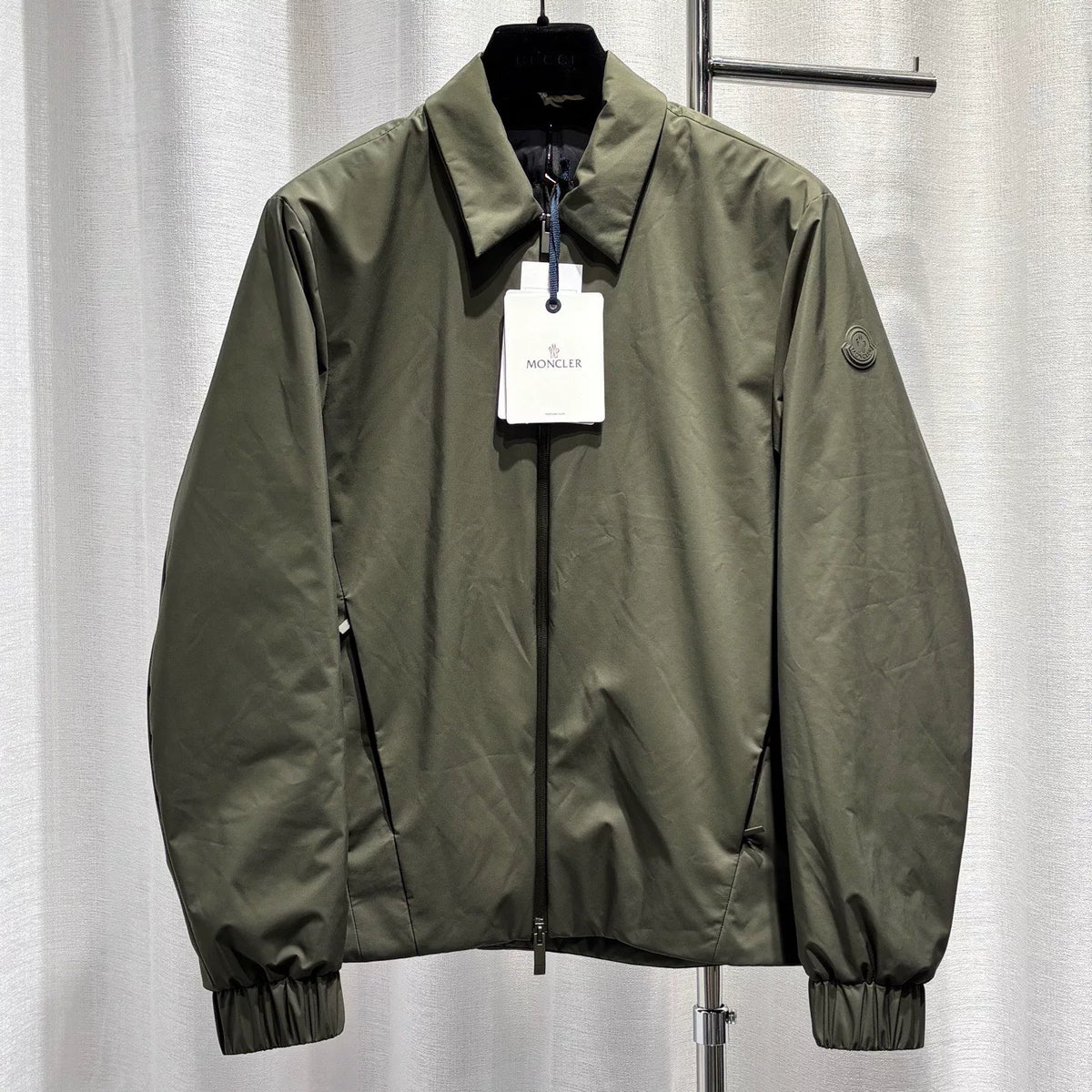 Moncler Olive Arm Logo Zip-Up Polyester Down Jacket
