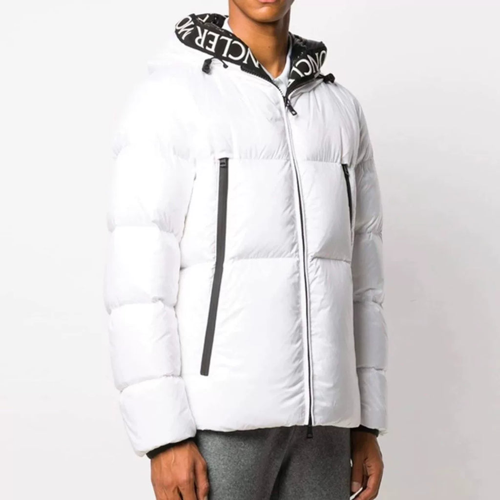 Moncler Baronnies White Heavy Letter Embroidery Logo Tape Zip-Up Hooded Nylon Down Jacket