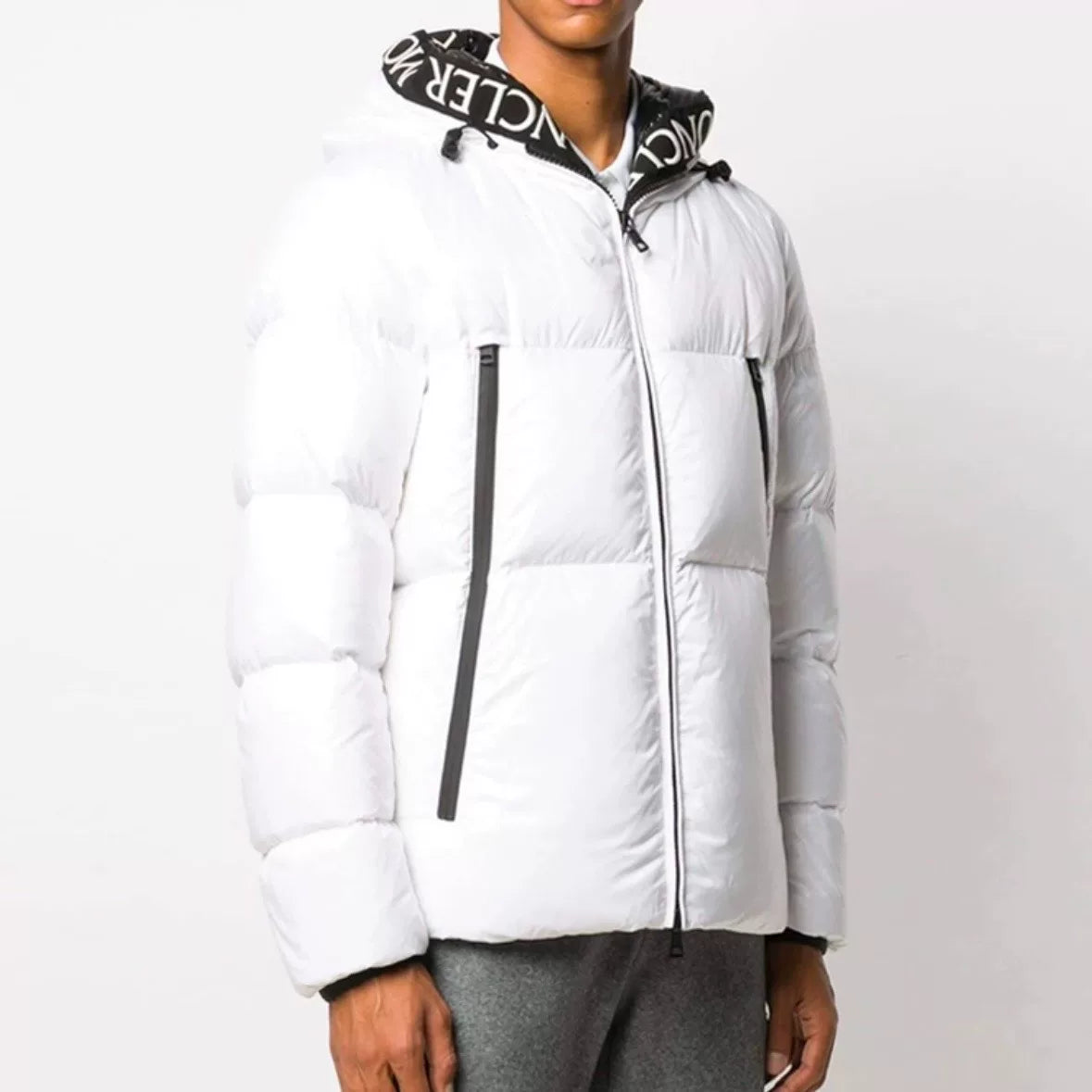 Moncler Baronnies White Heavy Letter Embroidery Logo Tape Zip-Up Hooded Nylon Down Jacket