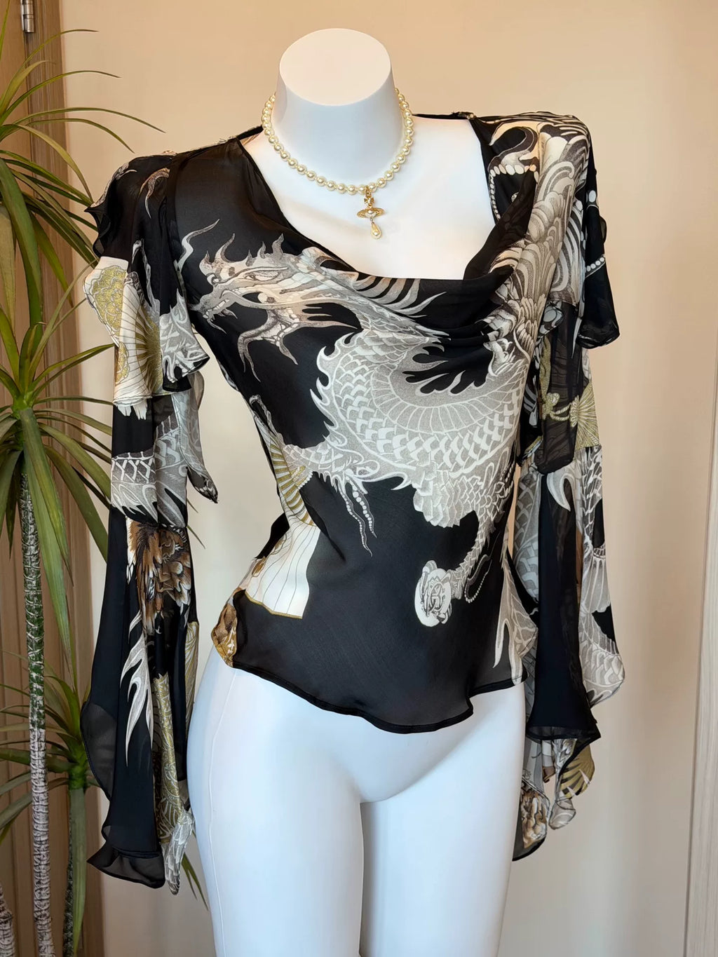 roberto cavalli rare vintage dragon pattern fan print top