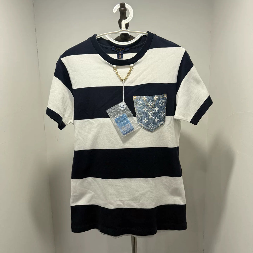 Louis Vuitton Striped All-Over Print Denim Color-Block Short Sleeve SHhirt