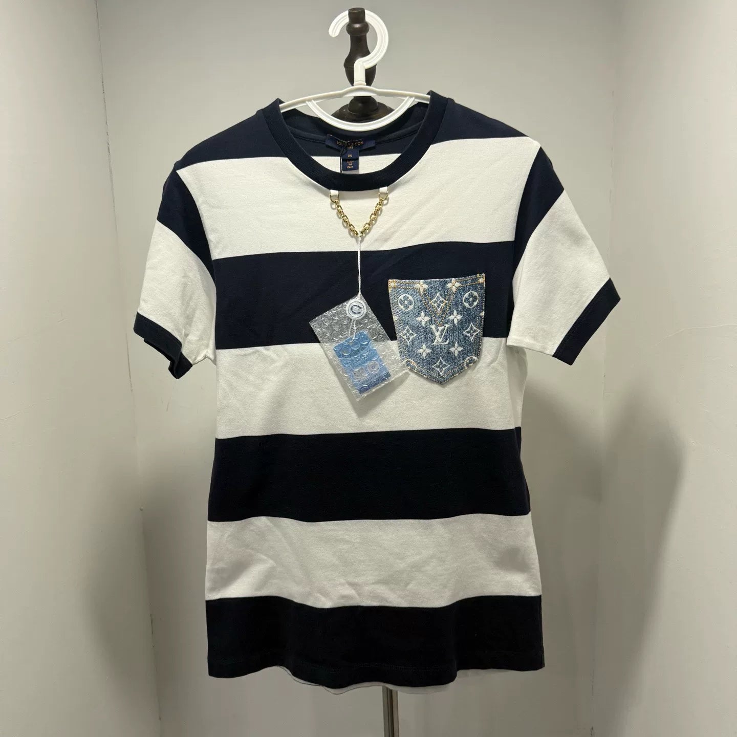 Louis Vuitton Striped All-Over Print Denim Color-Block Short Sleeve SHhirt