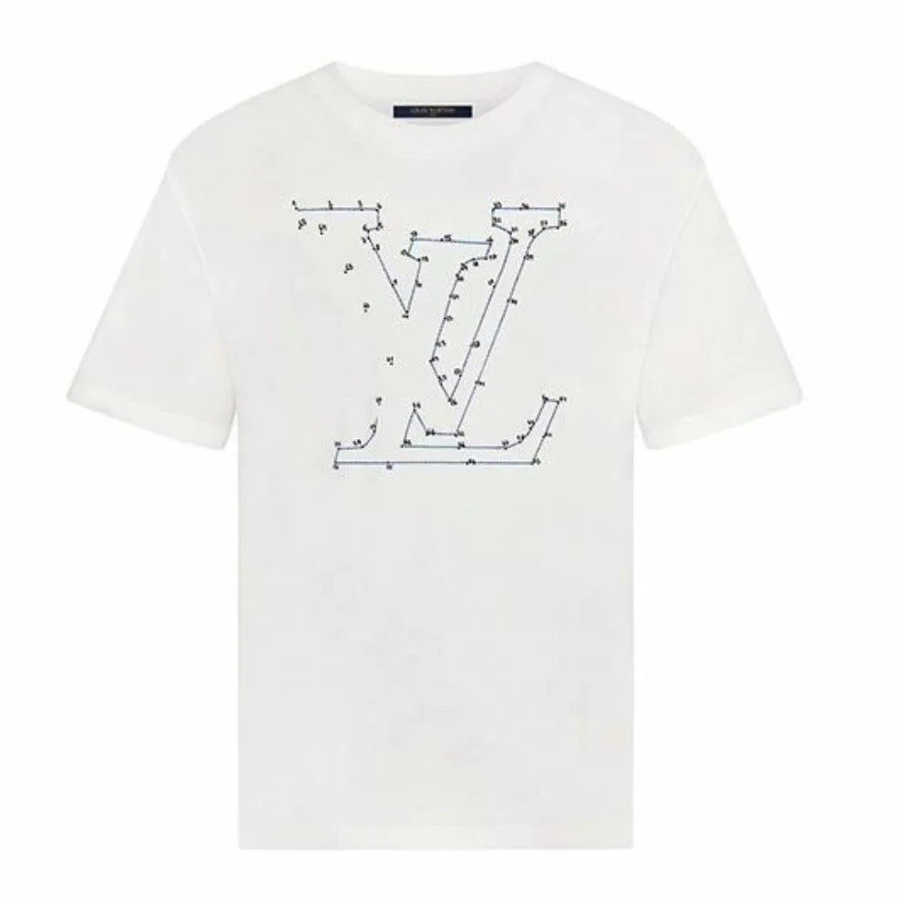 Louis Vuitton White Lian Kan Embroidered Ribbed Collar Combed Cotton Short Sleeve Top