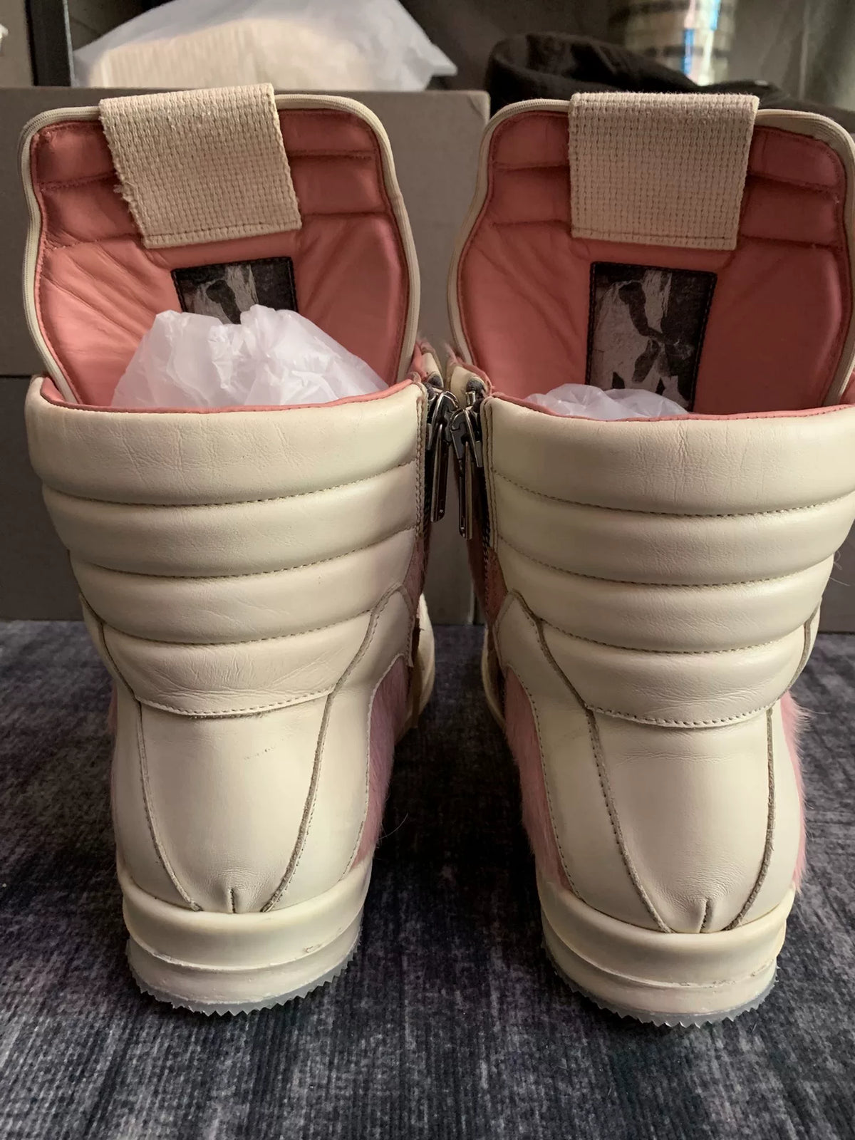 Rick Owens Inverted-Triangle Pink Fur Sneakers