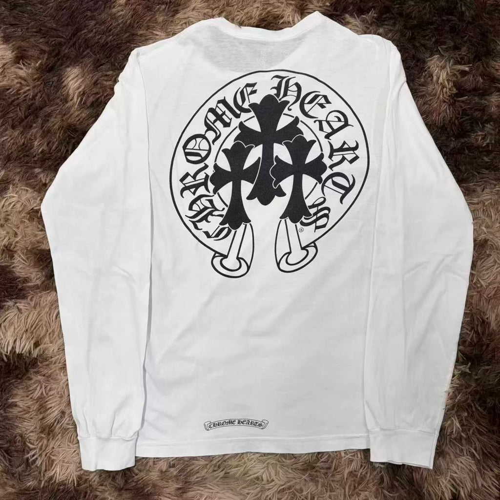 Chrome Hearts White Three Crosses Horseshoe Print Long Sleeve Top